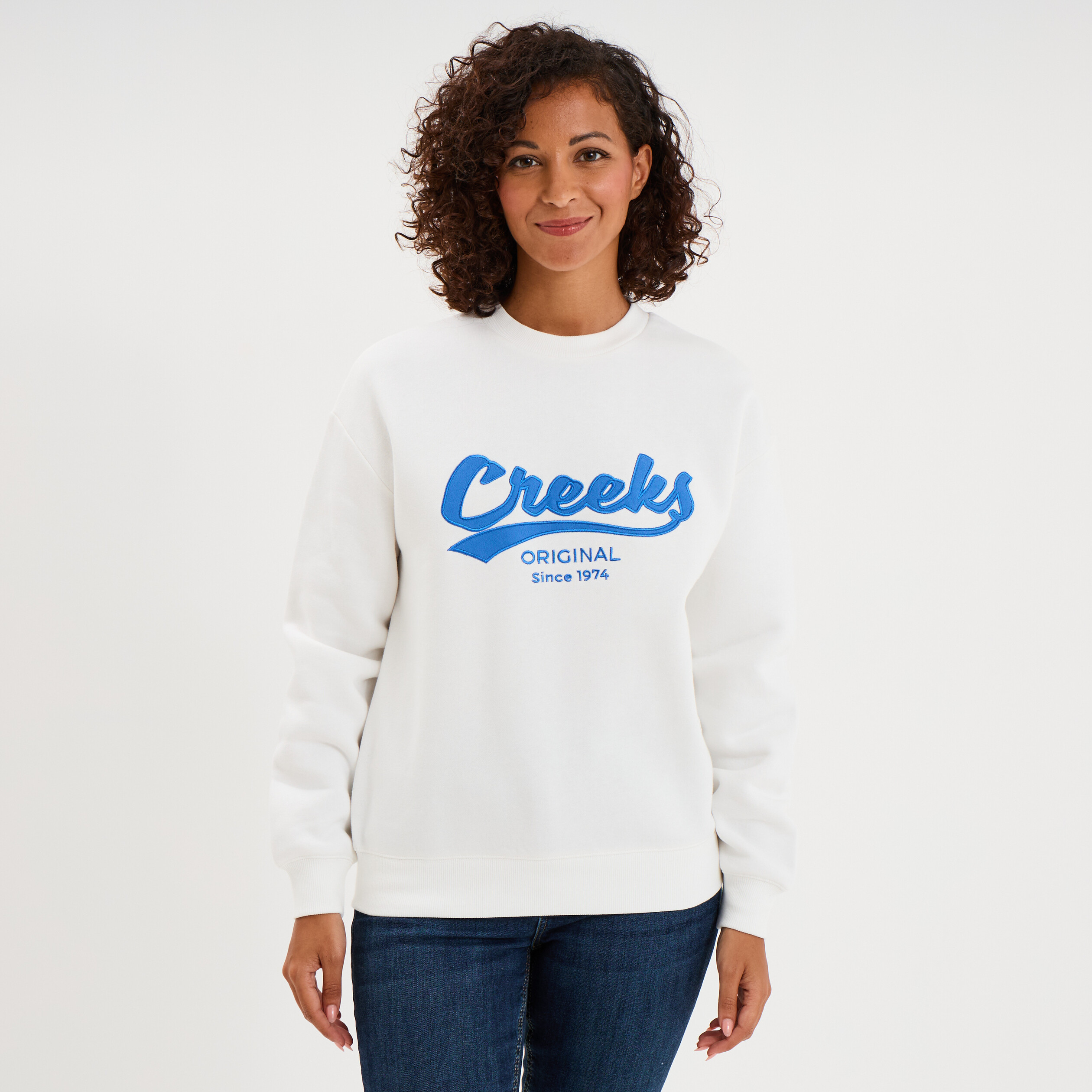 Sweat molleton col rond manches longues blanc femme