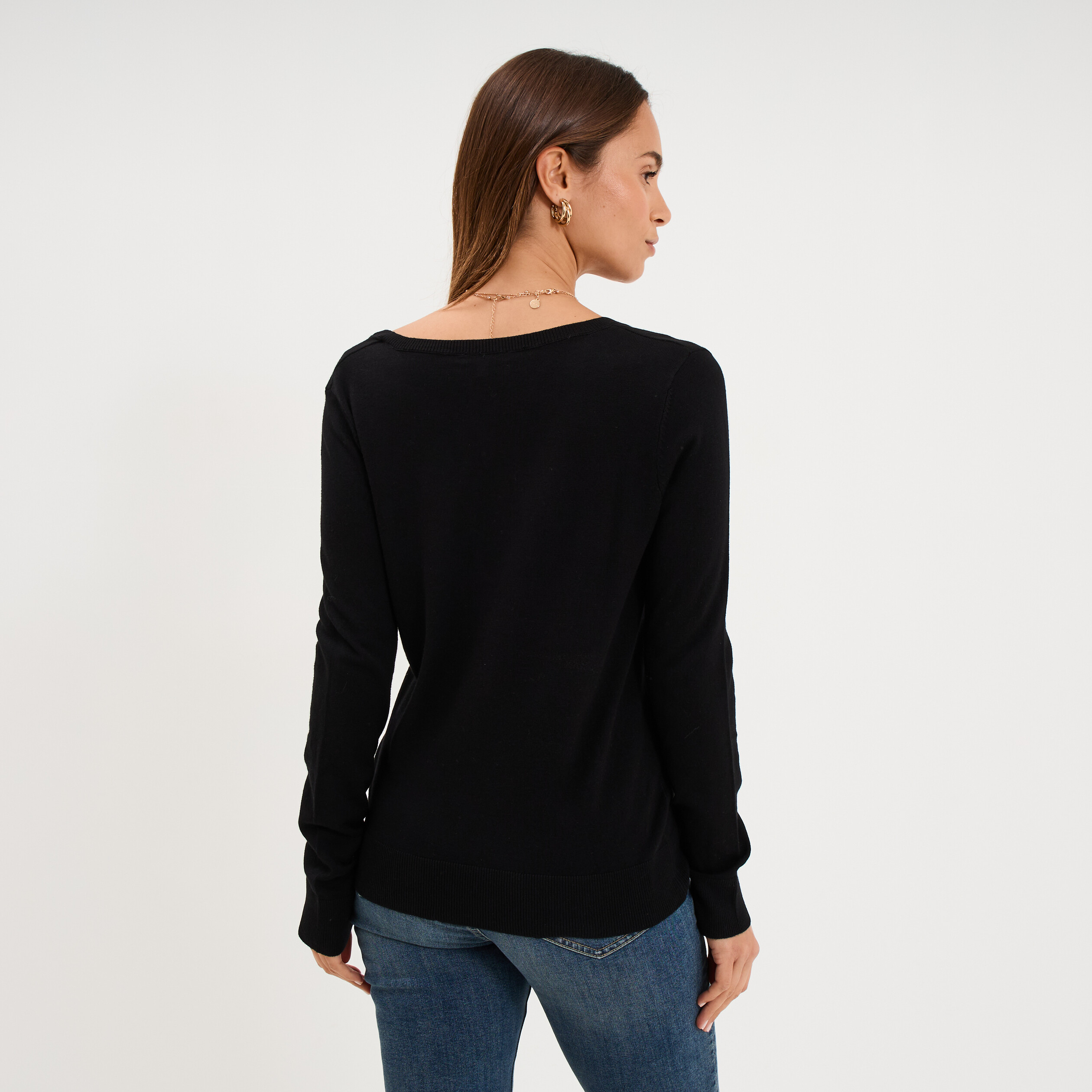 Pull col en V manches longues noir femme