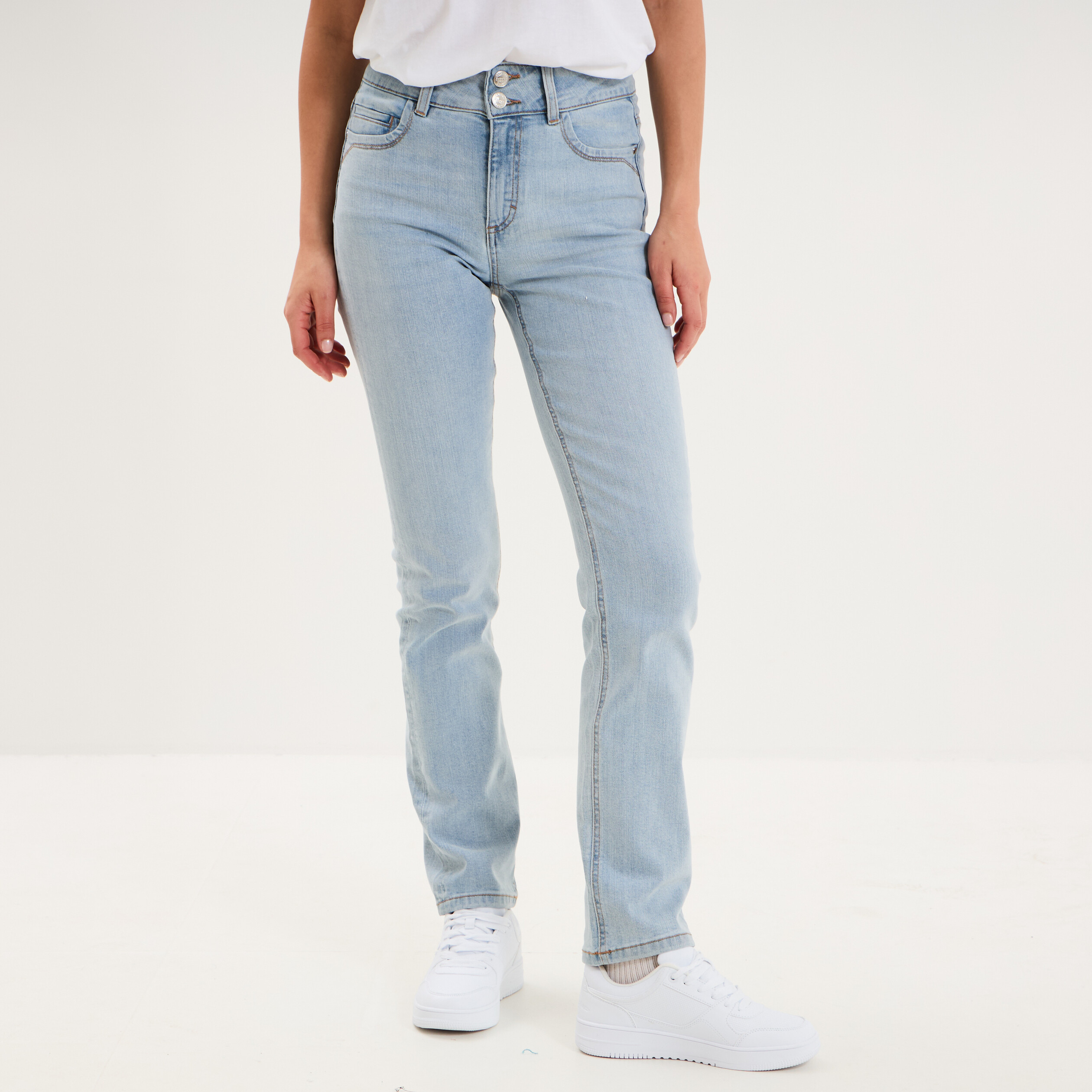 Jean denim droit en coton denim double stone femme