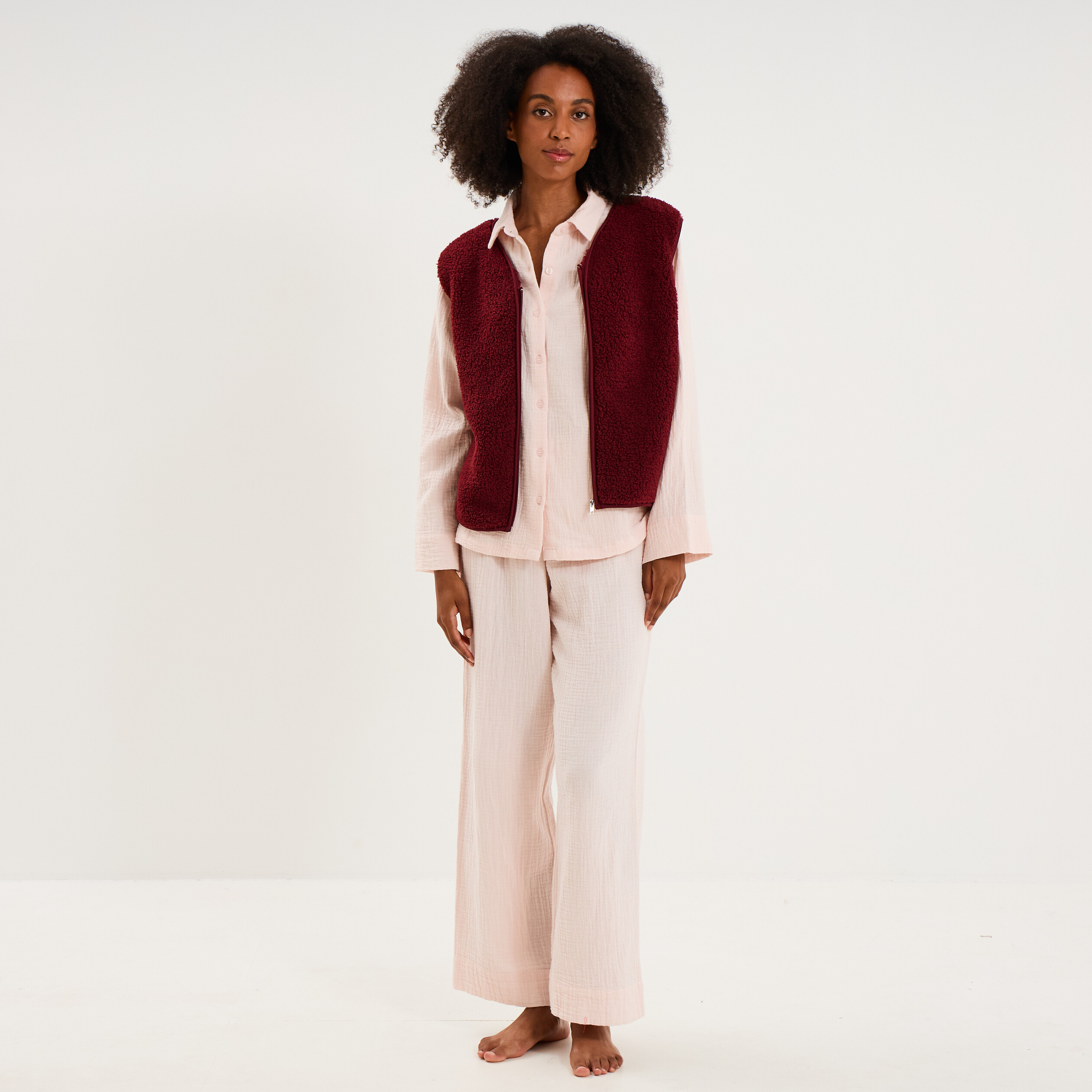 Gilet sans manches effet sherpa zipp&eacute; bordeaux femme
