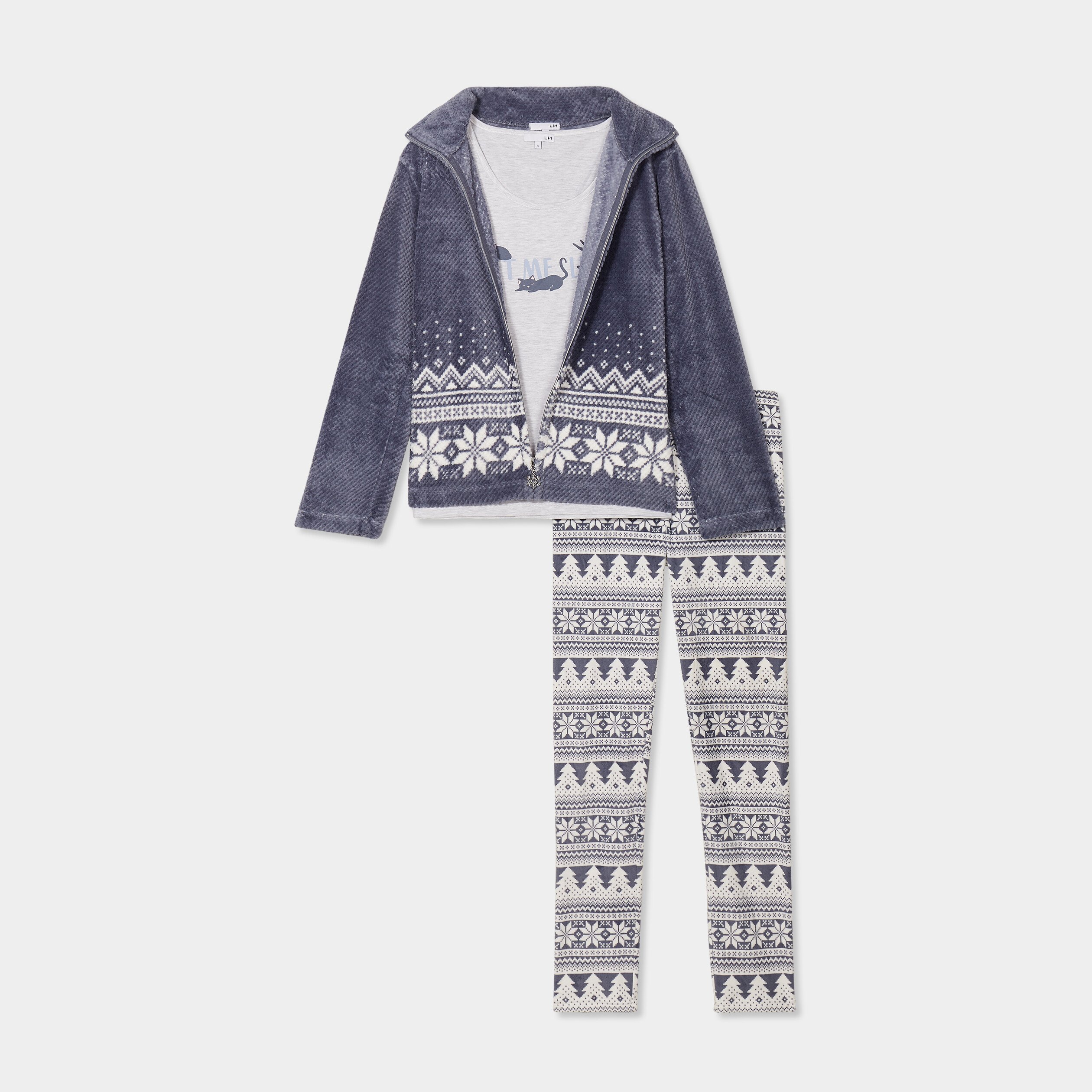 ensemble pyjama 3 pieces gilet a capuche bleu gris femme Ensemble pyjama 3 pièces gilet à capuche bleu gris femme
