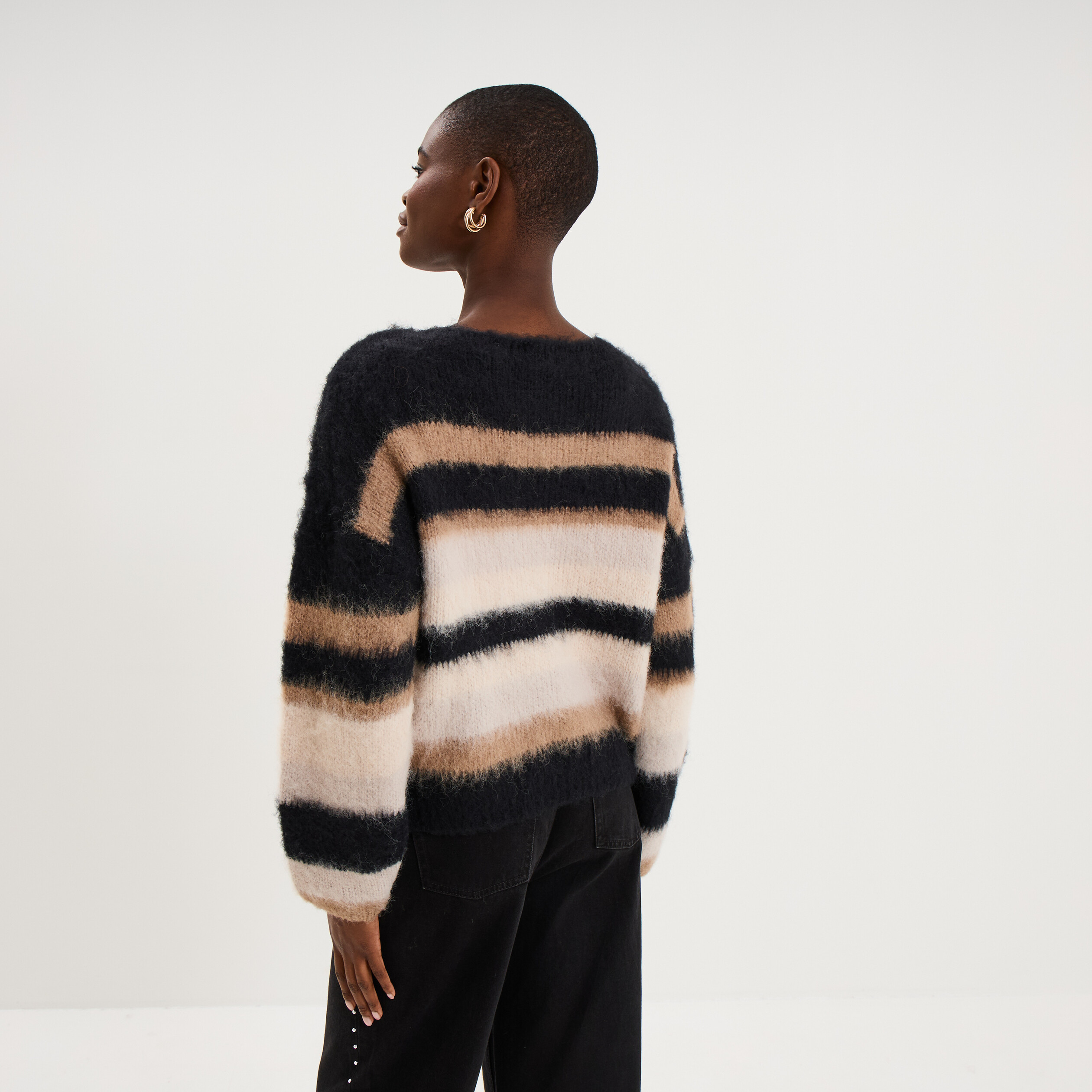 Pull col rond manches longues beige femme