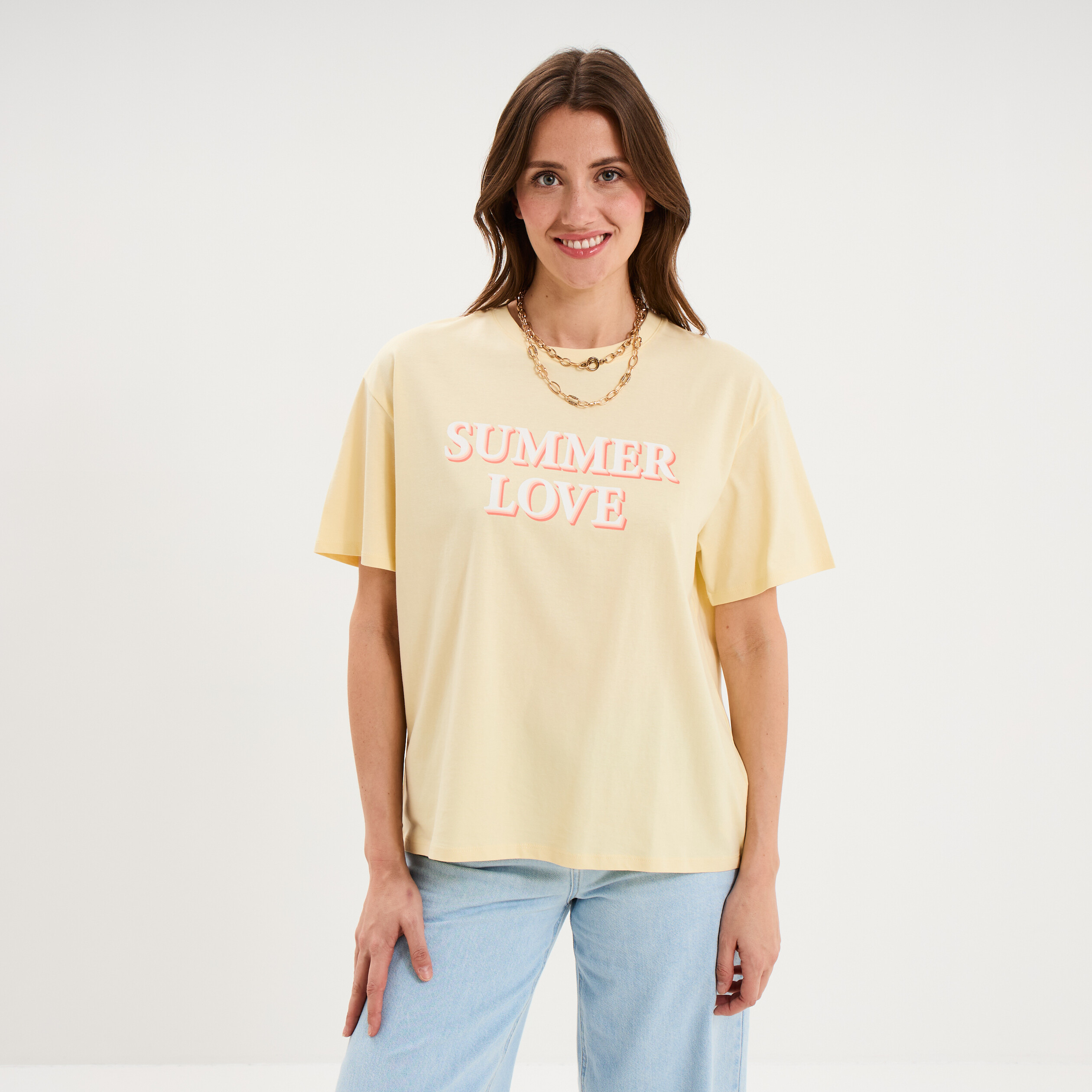 T-shirt droit manches courtes coton jaune clair femme