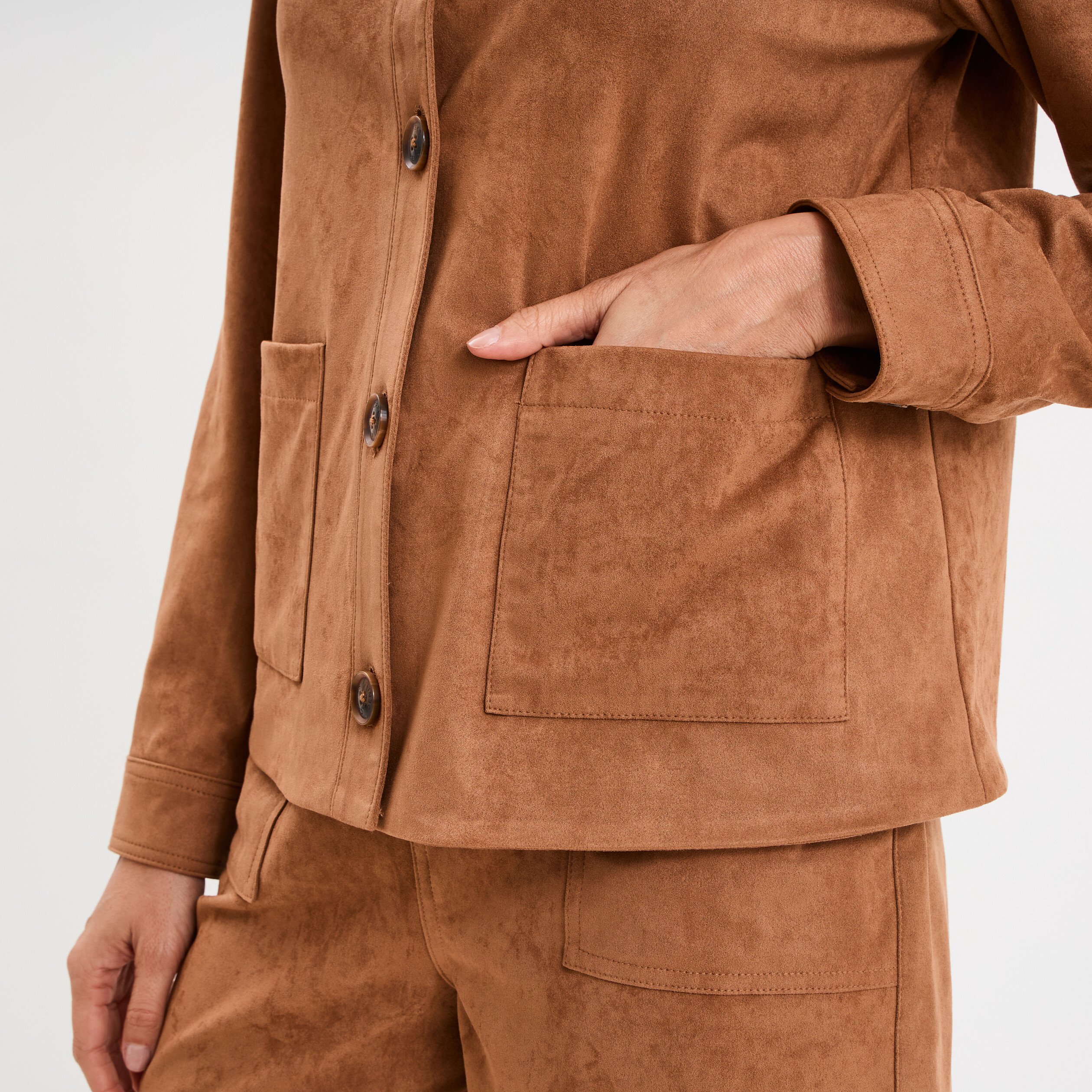 Veste doublée boutonnée effet suédine marron clair femme La Halle