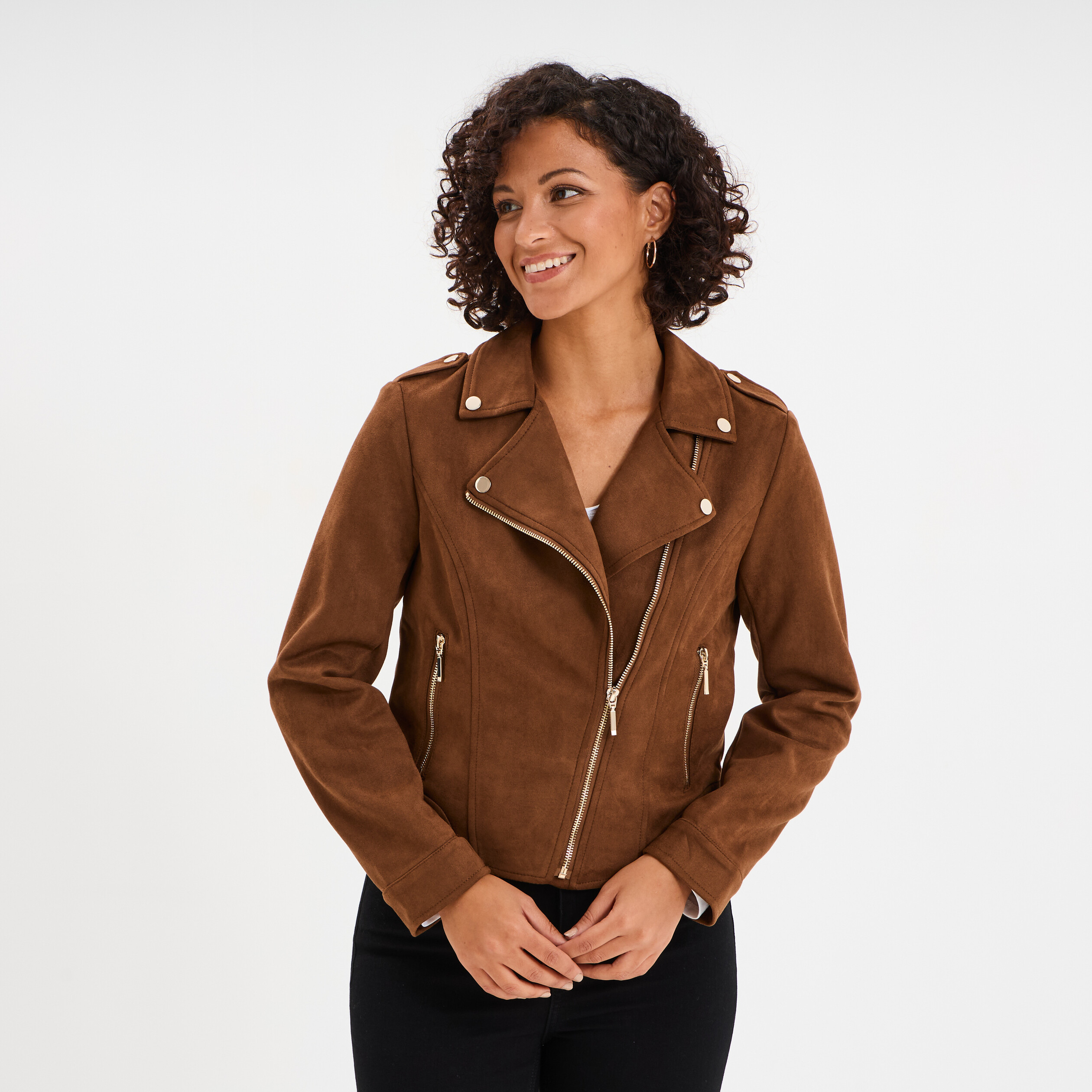 Veste courte esprit biker effet suédine camel femme