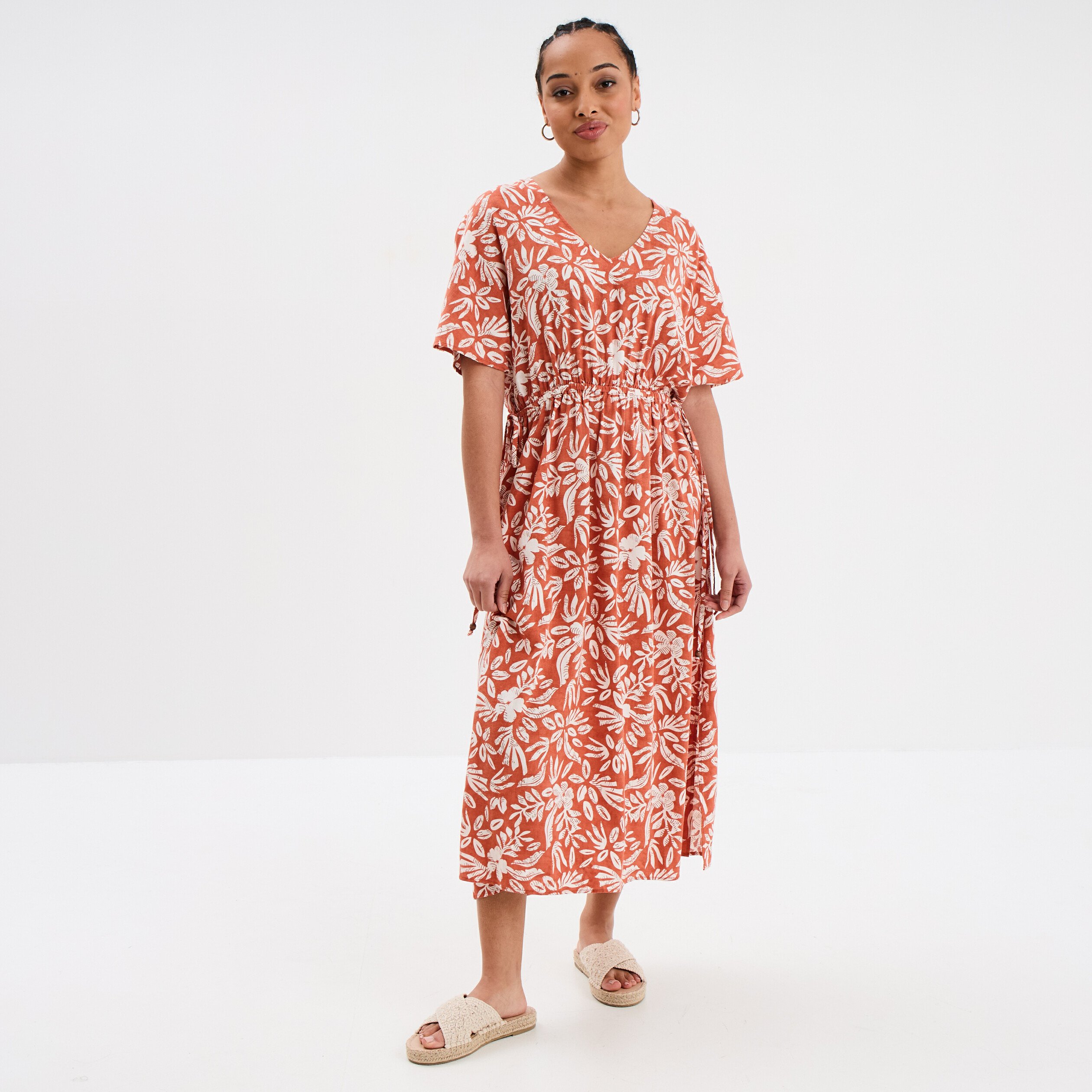 robe midi cordons taille evasee terracotta femme Robe midi cordons taille évasée terracotta femme