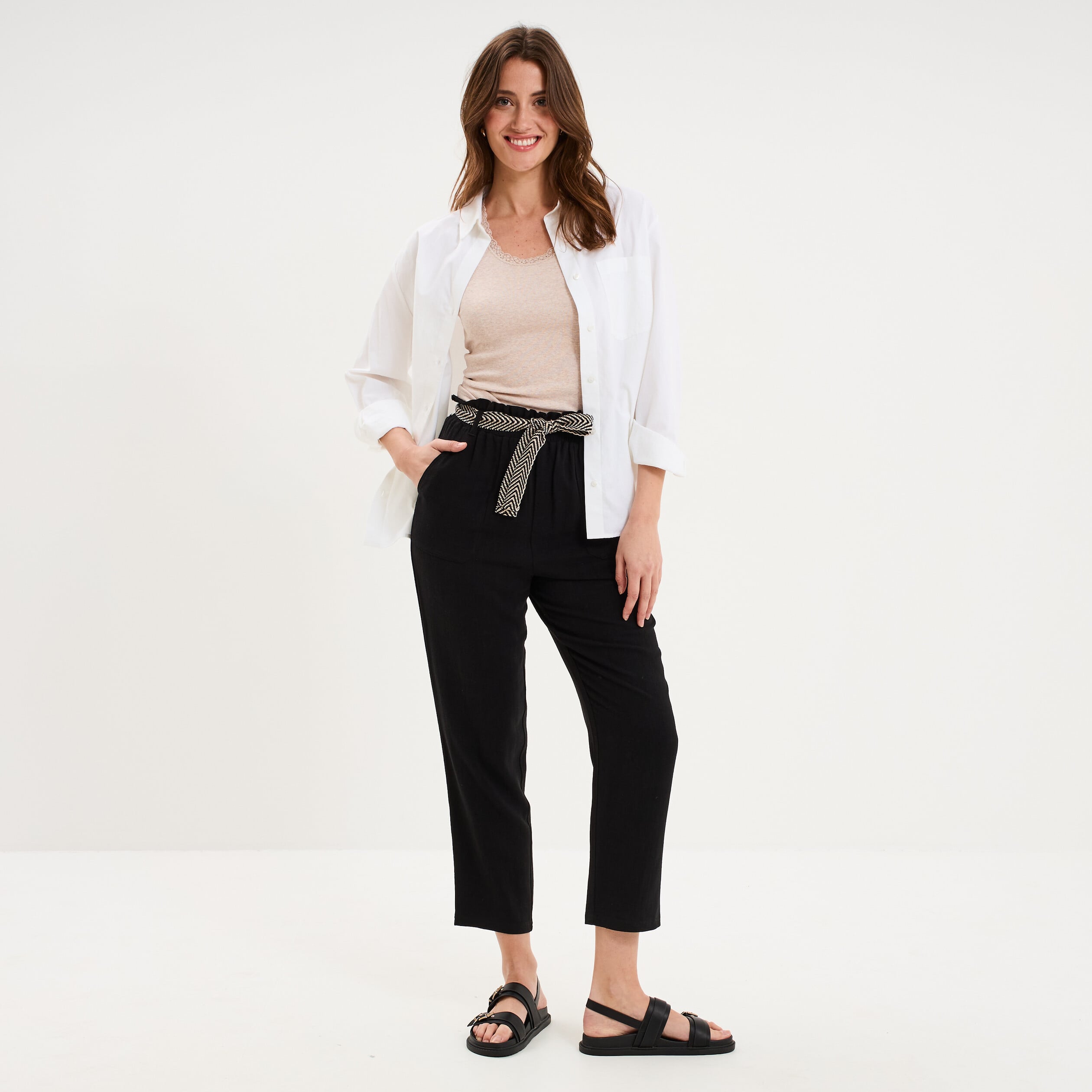 Pantalon paperbag &eacute;lastiqu&eacute; m&eacute;lange lin noir femme