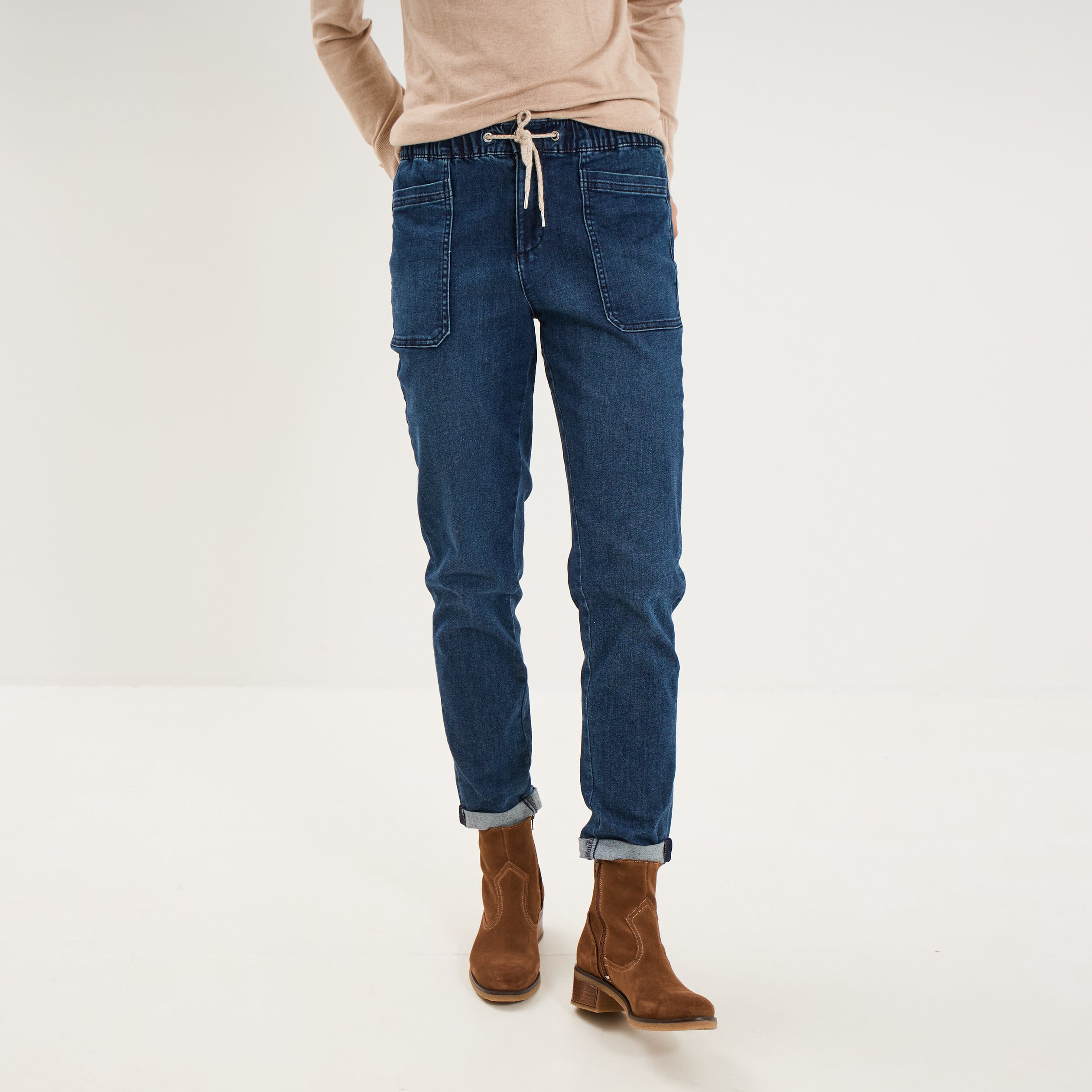 Jeans droit cropped taille &eacute;lastiqu&eacute;e bleu femme