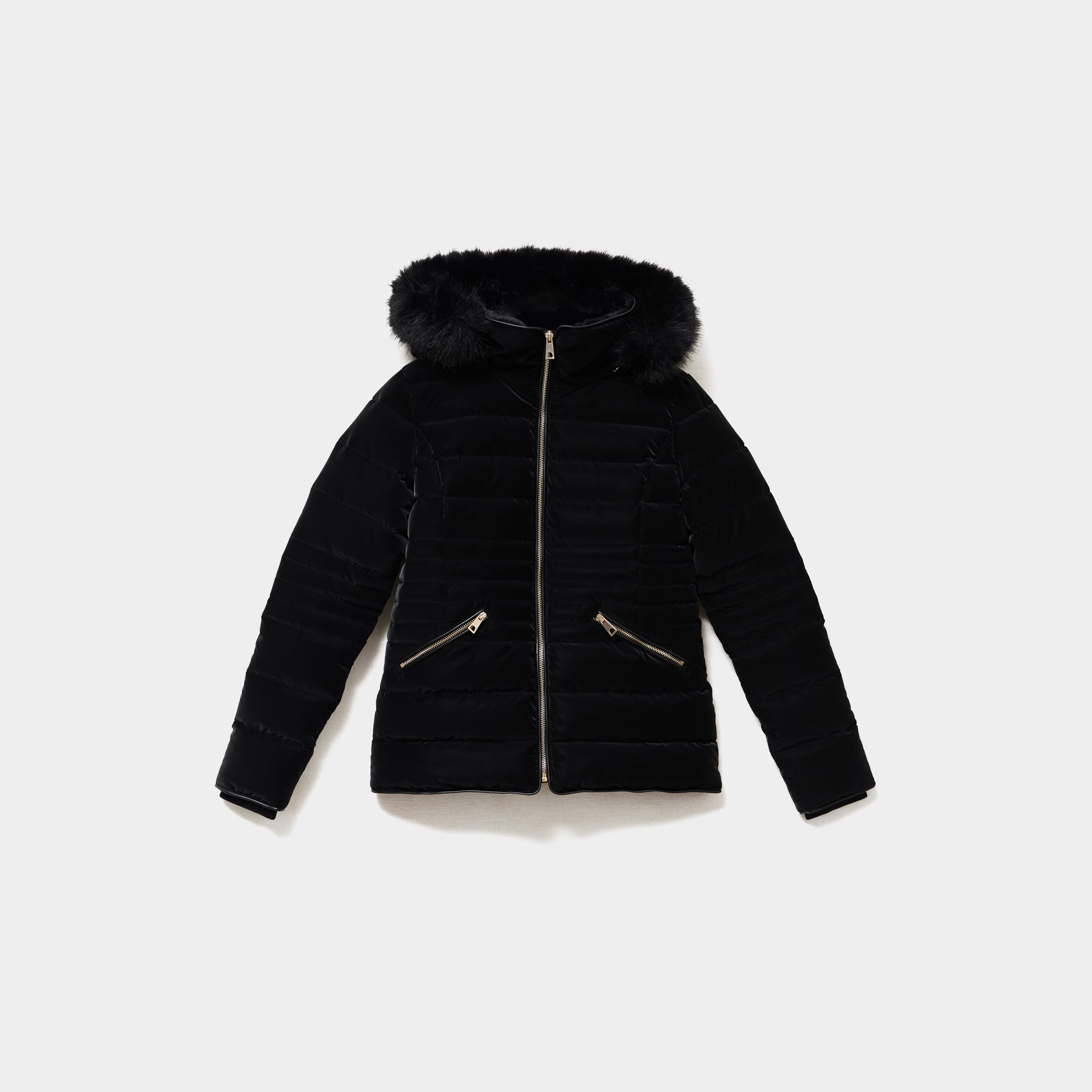 Doudoune courte capuche fausse fourrure noir femme