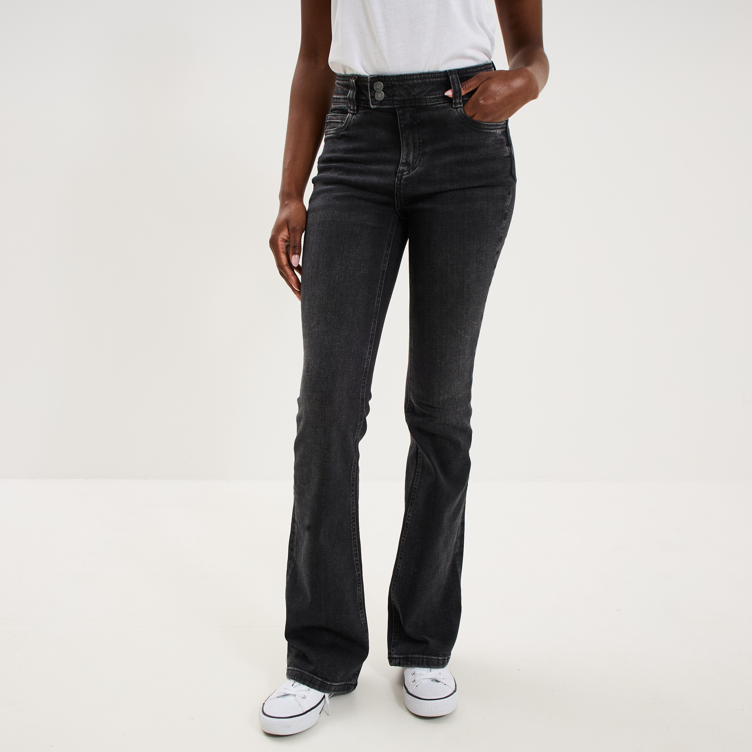 Jean flare taille basse denim noir femme