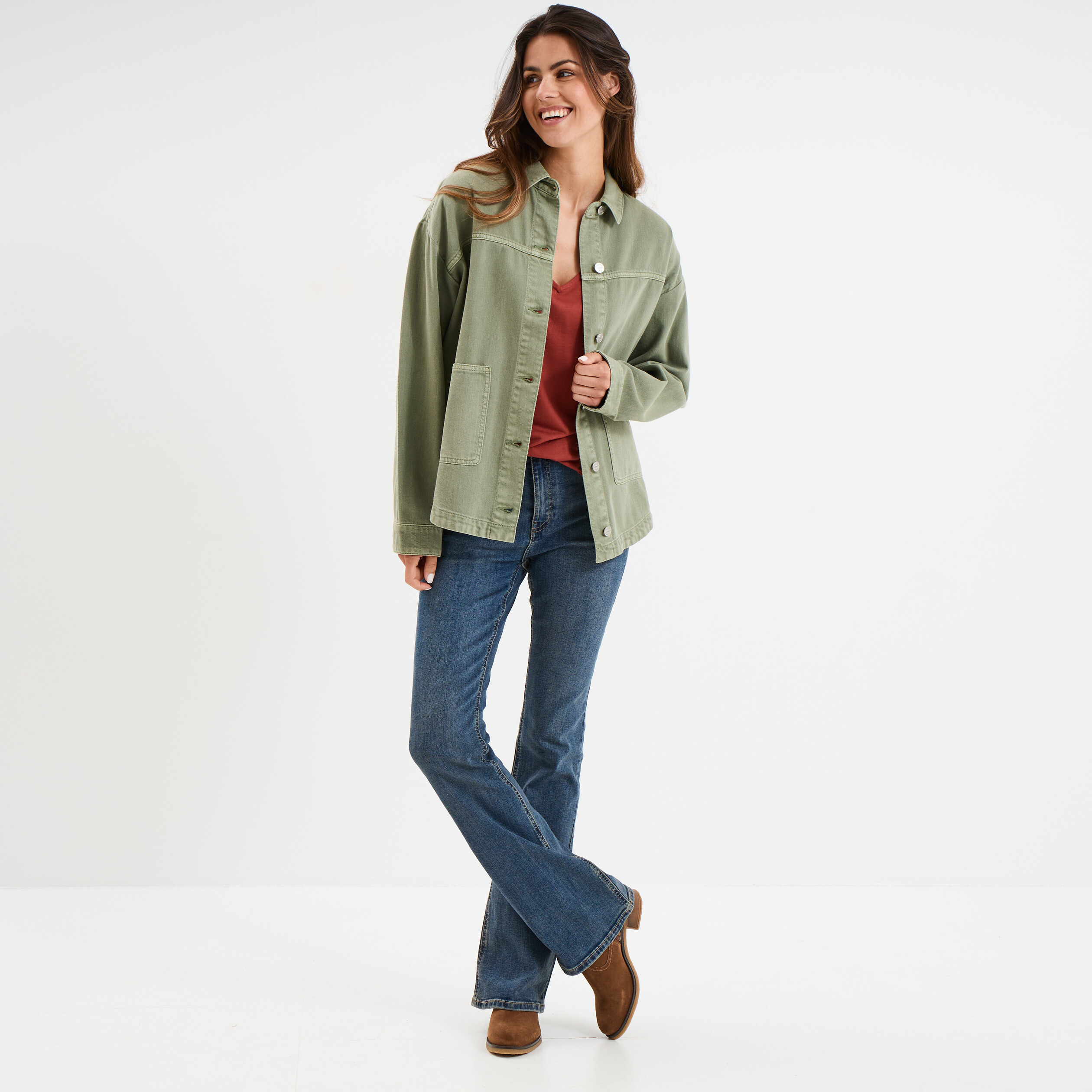Veste surchemise oversize en jean coton vert kaki femme