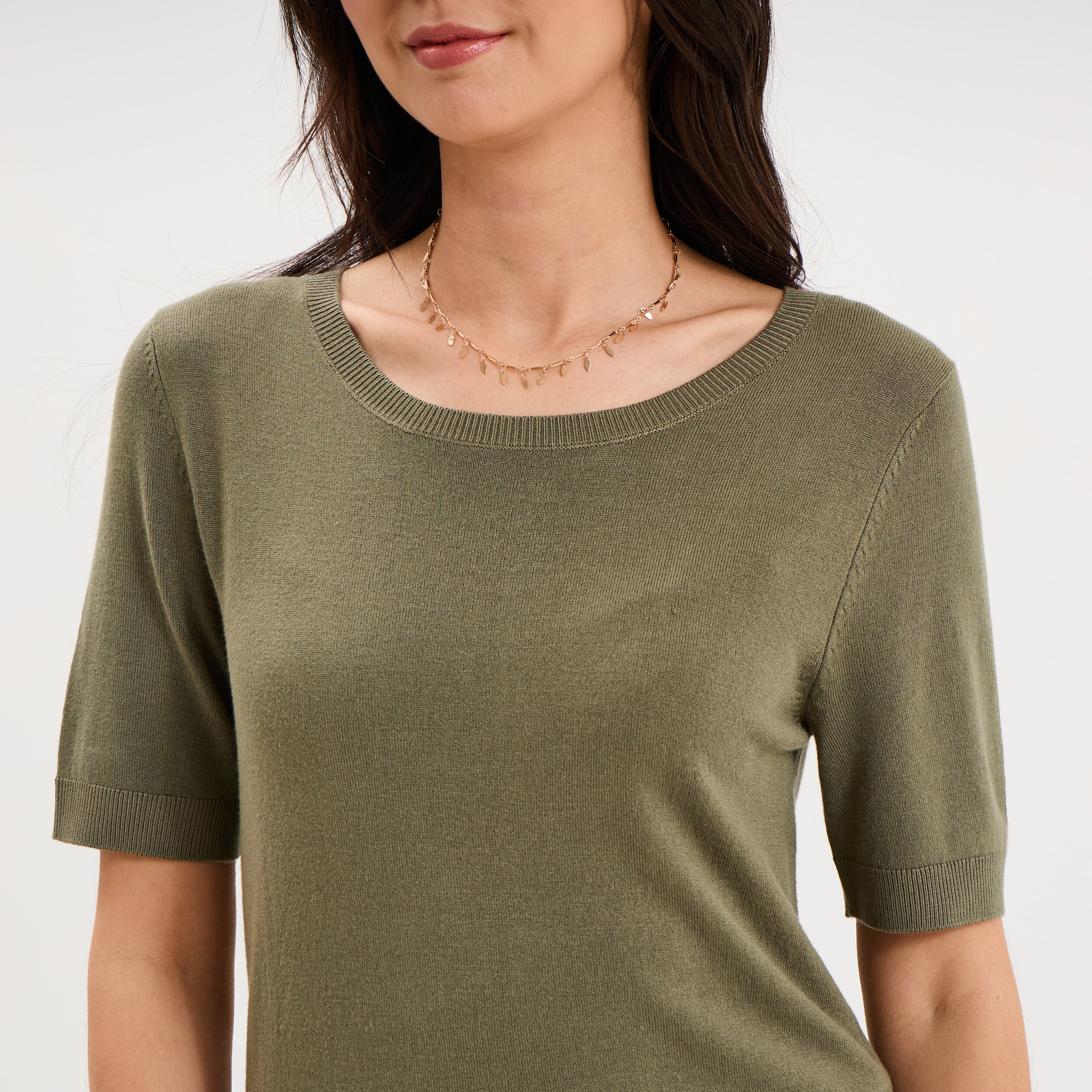 Pull manches courtes col rond vert kaki femme