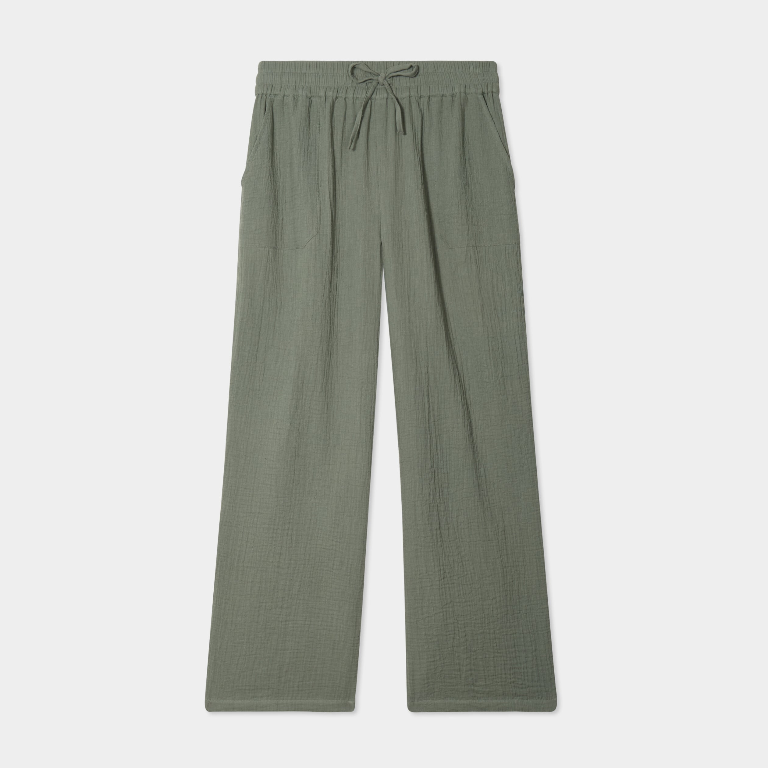 Pantalon fluide &eacute;lastiqu&eacute; gaze de coton vert kaki femme