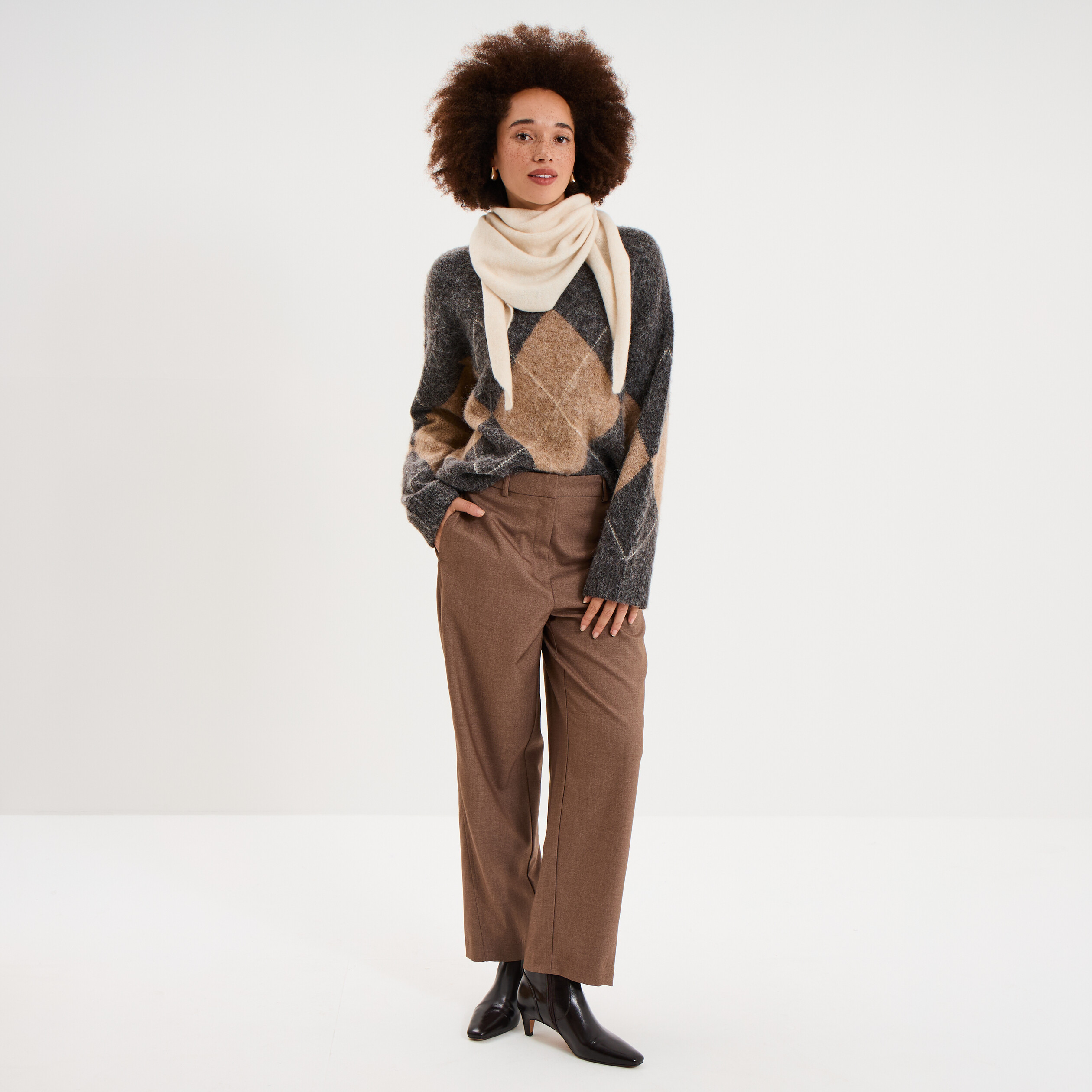 Pull col rond oversize en maille laine gris moyen femme