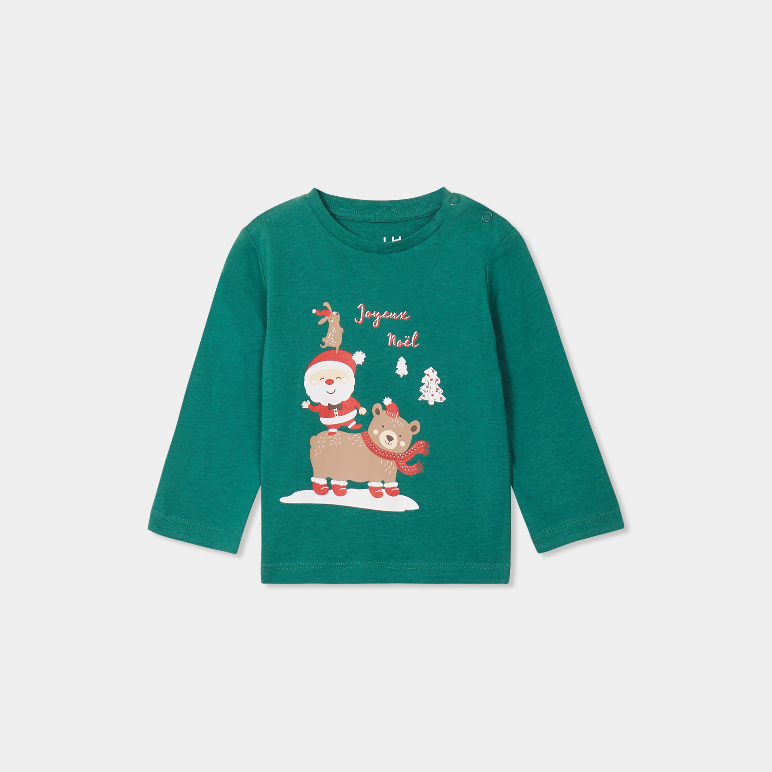 T-shirt No&euml;l coton manches longues vert b&eacute;b&eacute; gar&ccedil;on