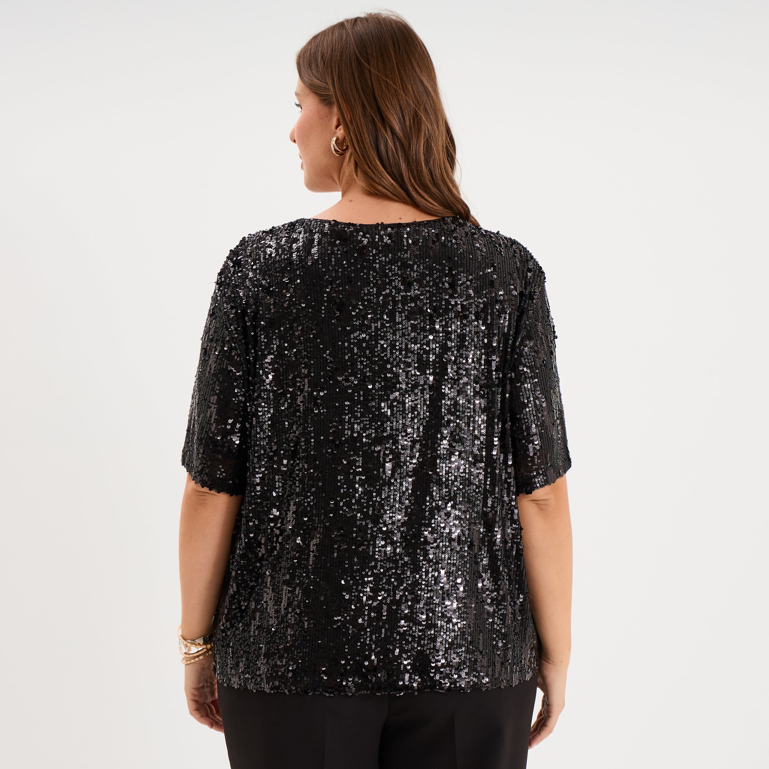 T-shirt sequins manches courtes loose noir femme grande taille