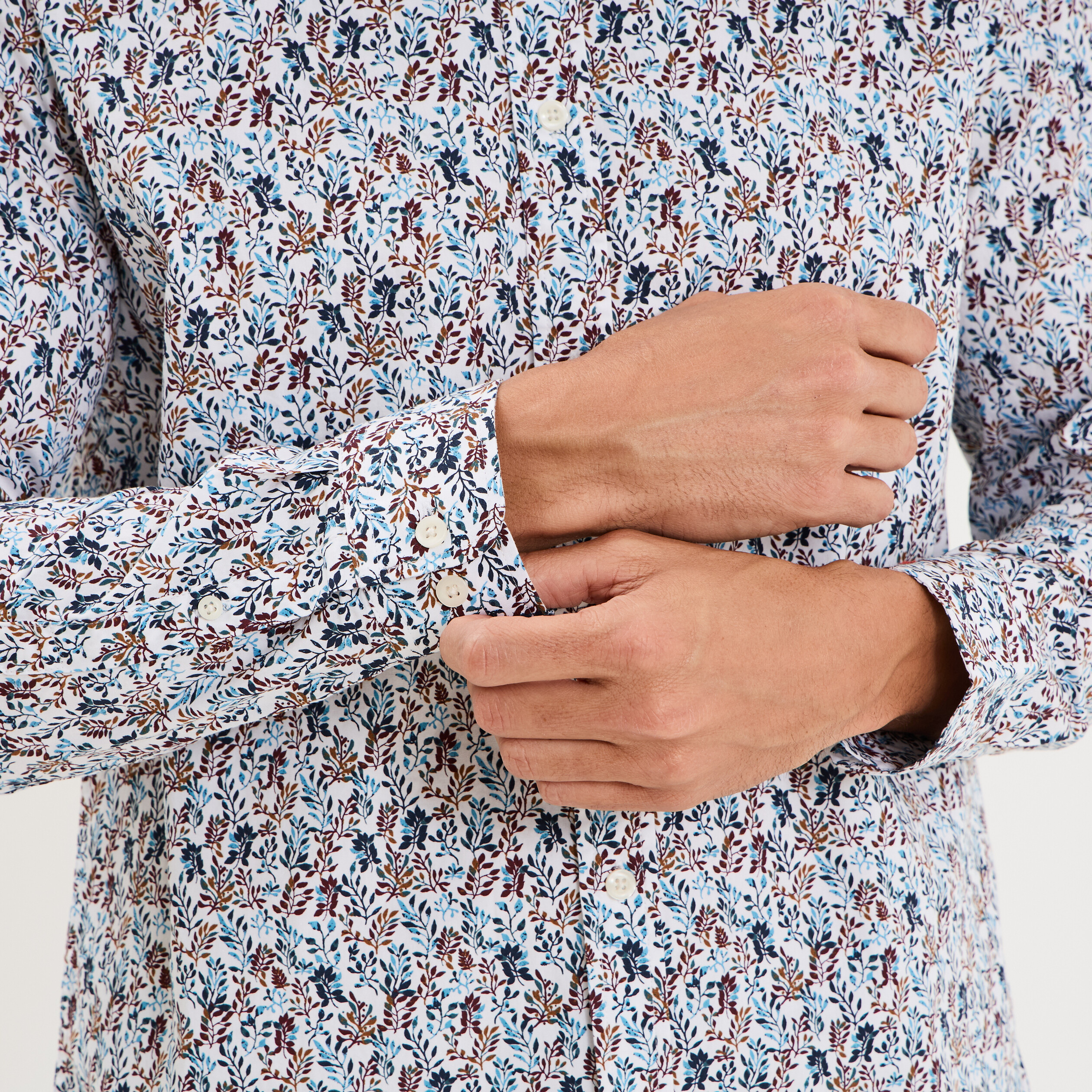 Chemise droite imprim&eacute;e manches longues ecru homme