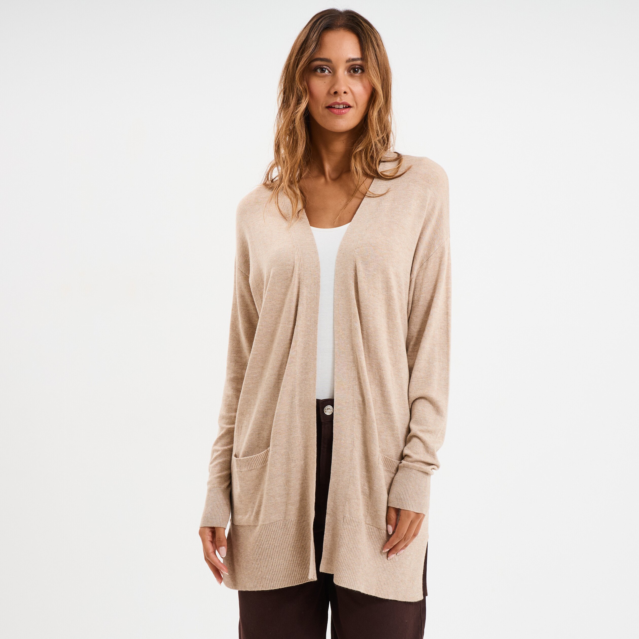 gilet mi long manches longues beige femme Gilet mi-long manches longues beige femme