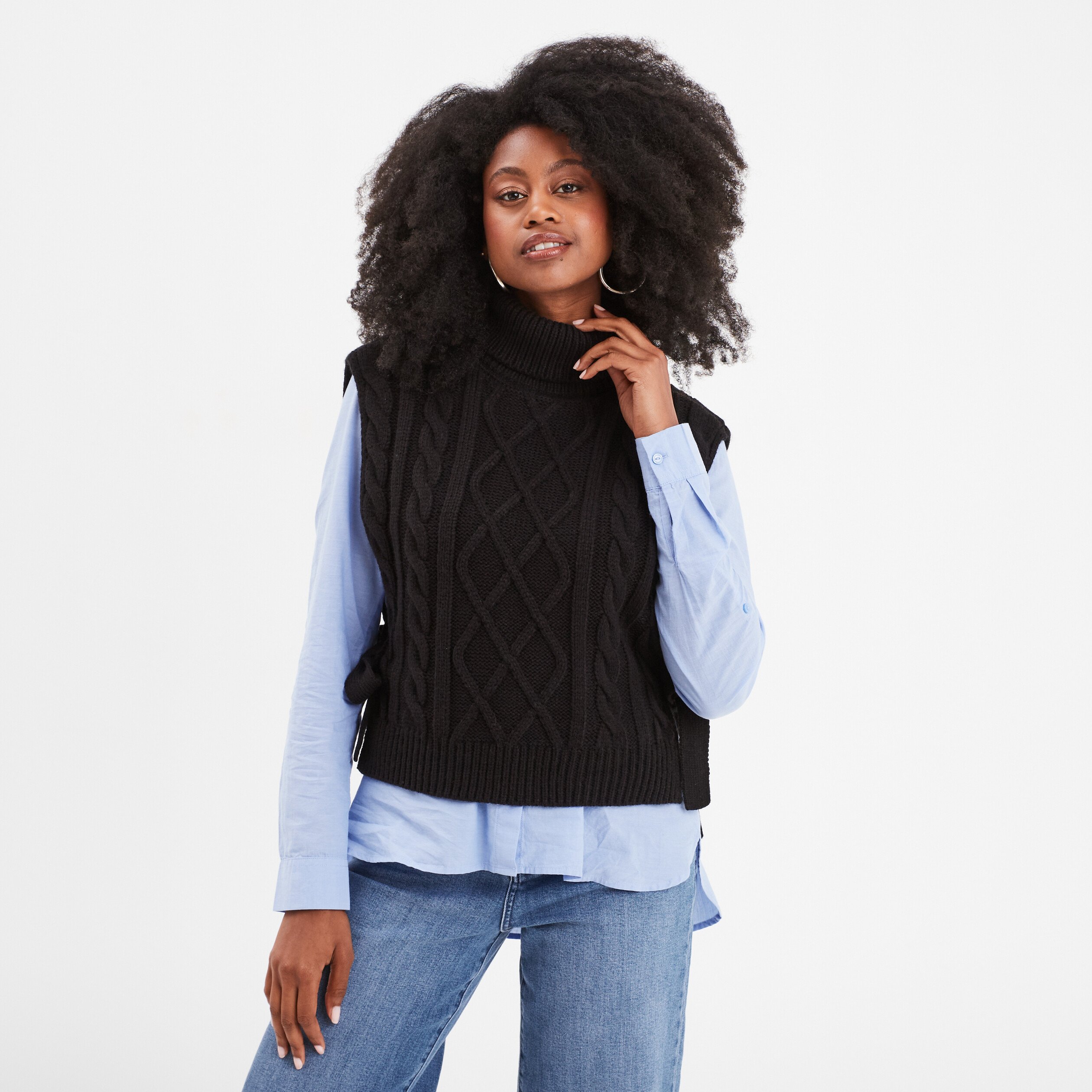 Pull poncho col roulé sans manches noir femme