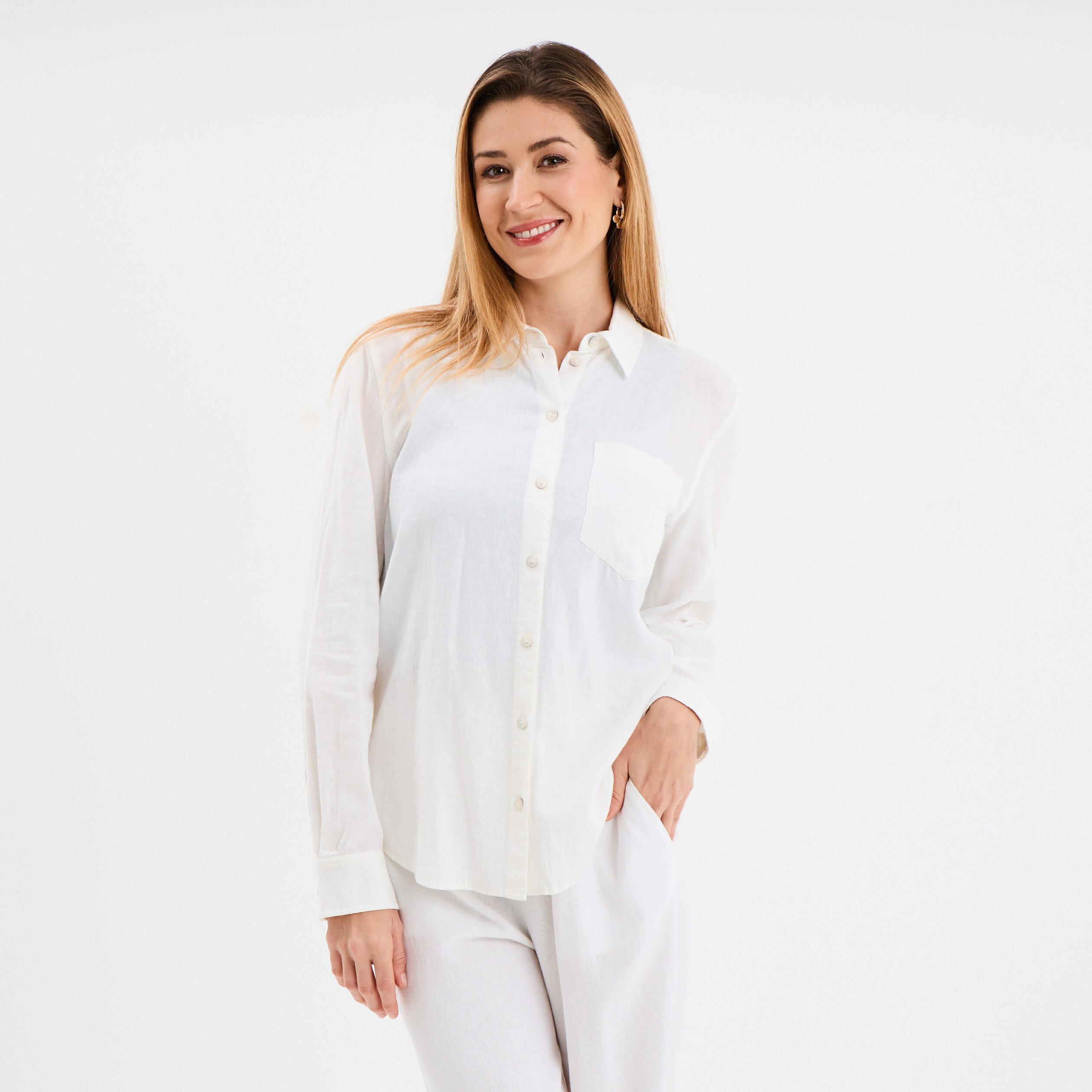 chemise lin melange manches longues blanc femme Chemise lin mélangé manches longues blanc femme
