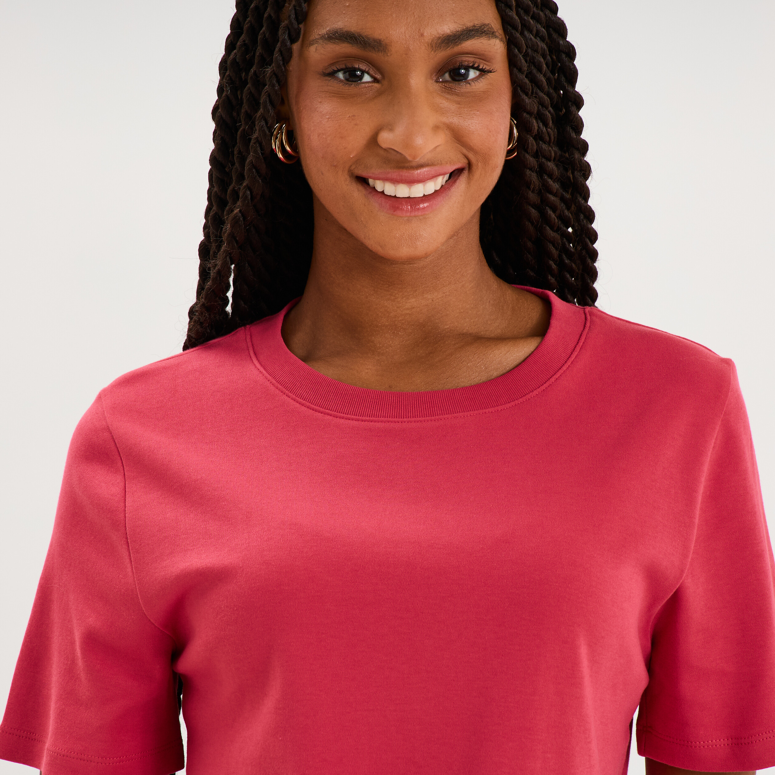 T-shirt manches courtes col rond coton rose cerise femme