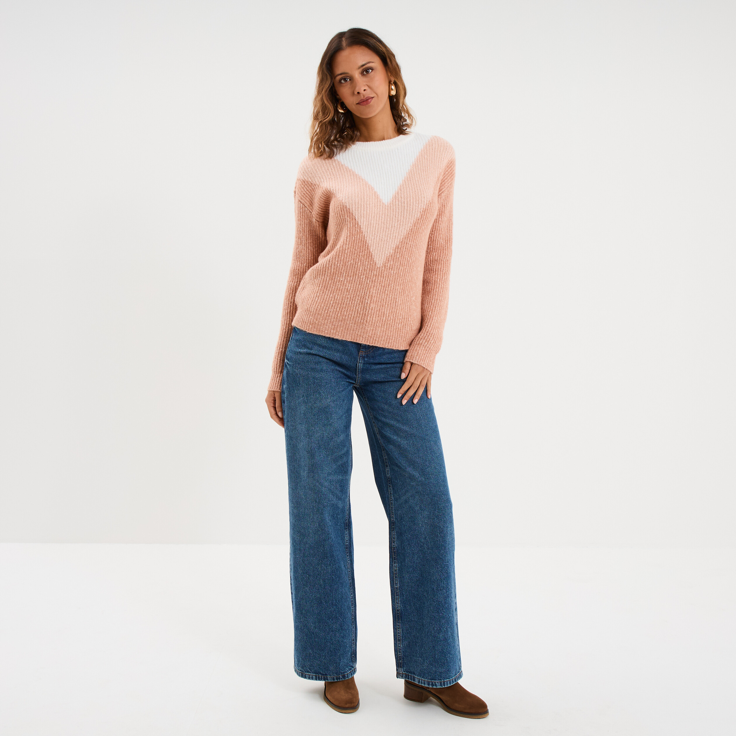 Pull manches longues col rond rose clair femme