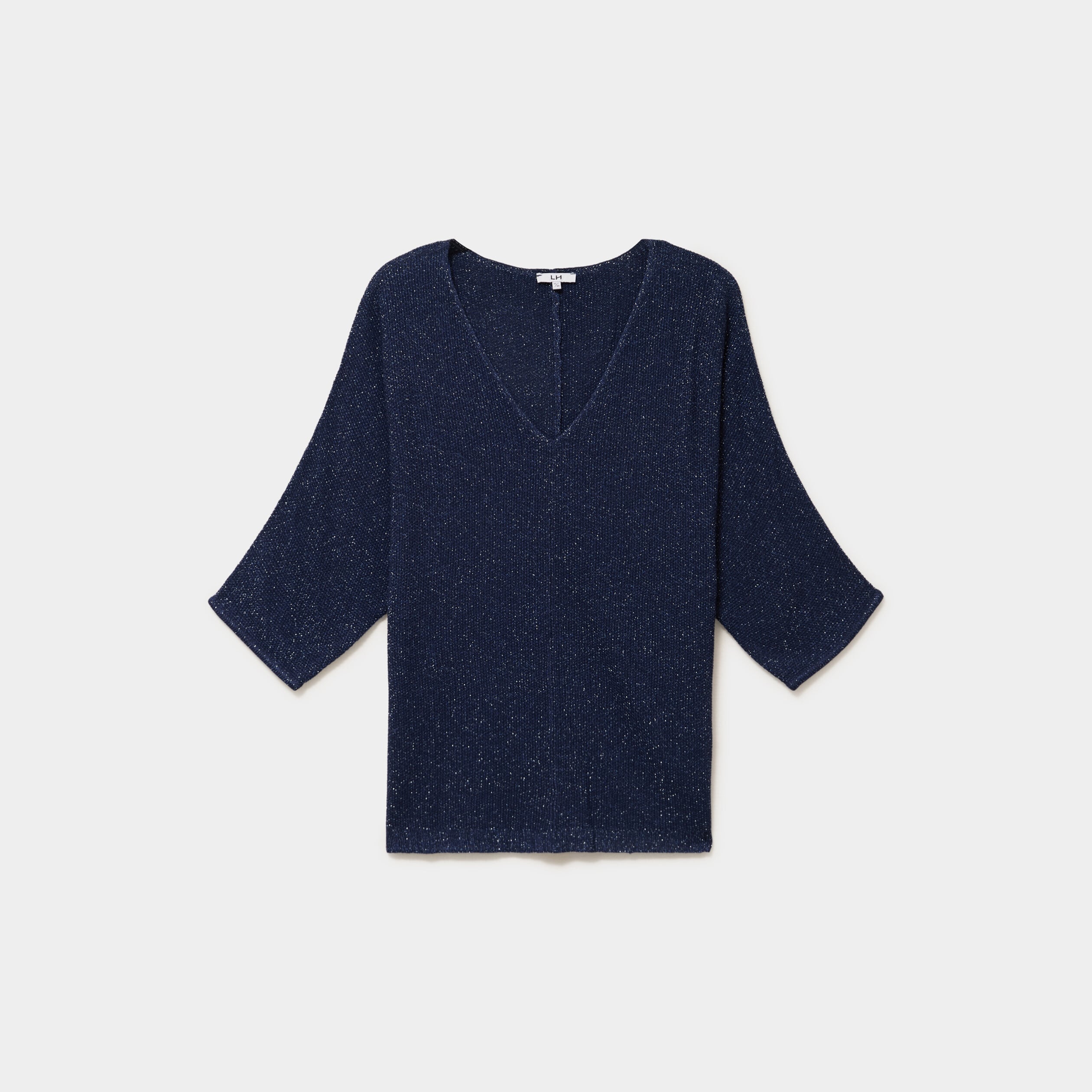 Pull manches 3/4 col en V bleu fonc&eacute; femme grande taille