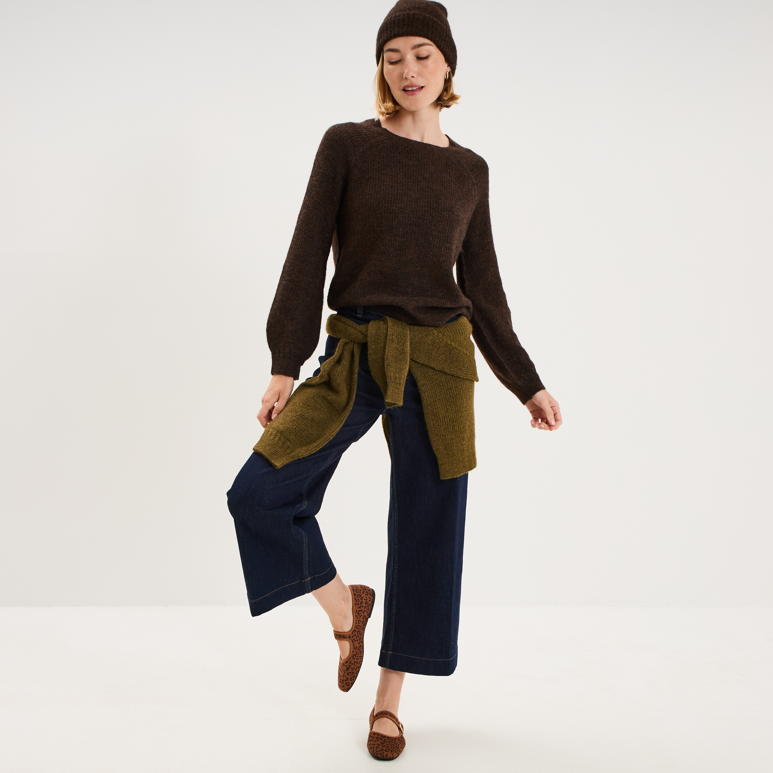 Pull col rond manches longues marron fonc&eacute; femme