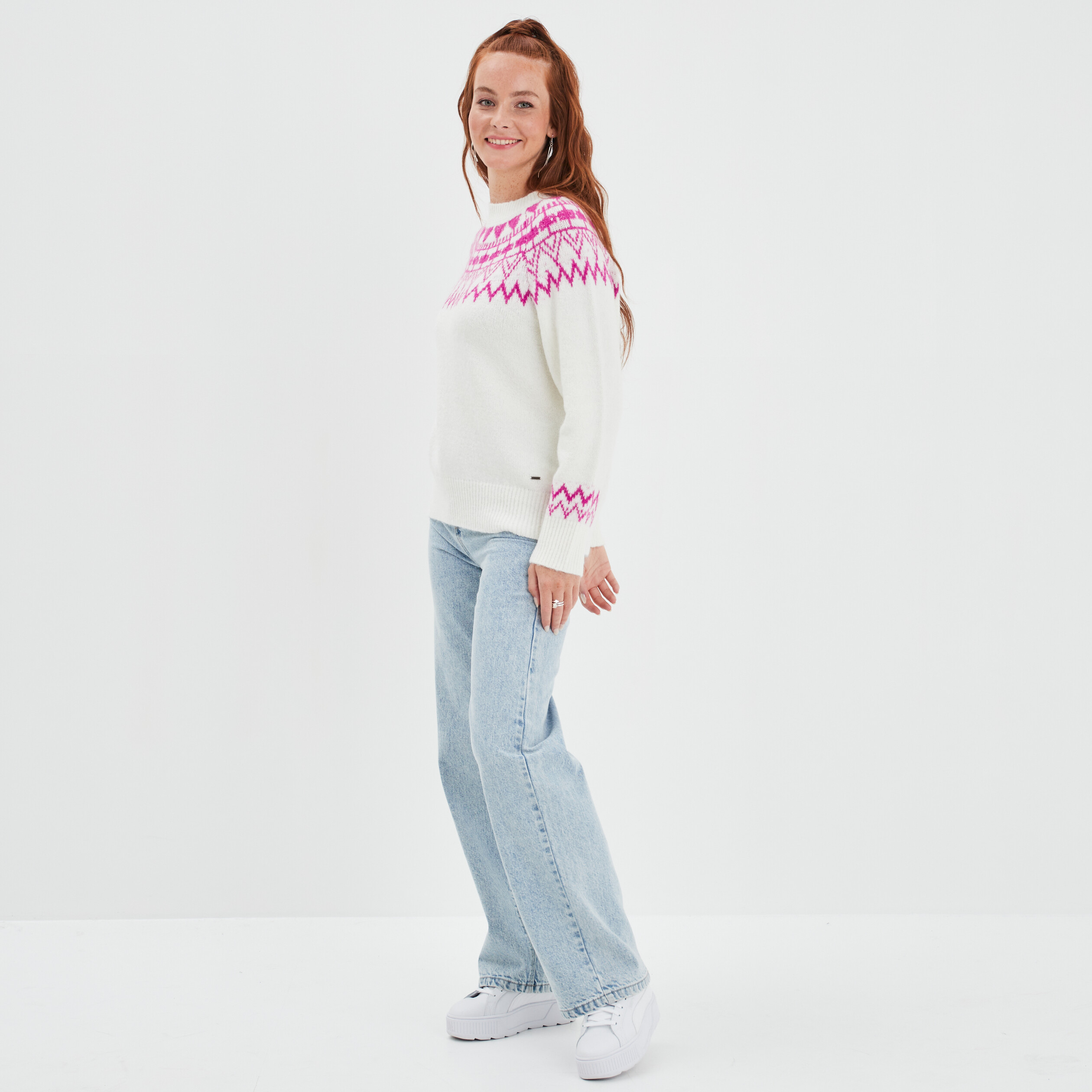 Pull jacquard col rond Creeks blanc femme