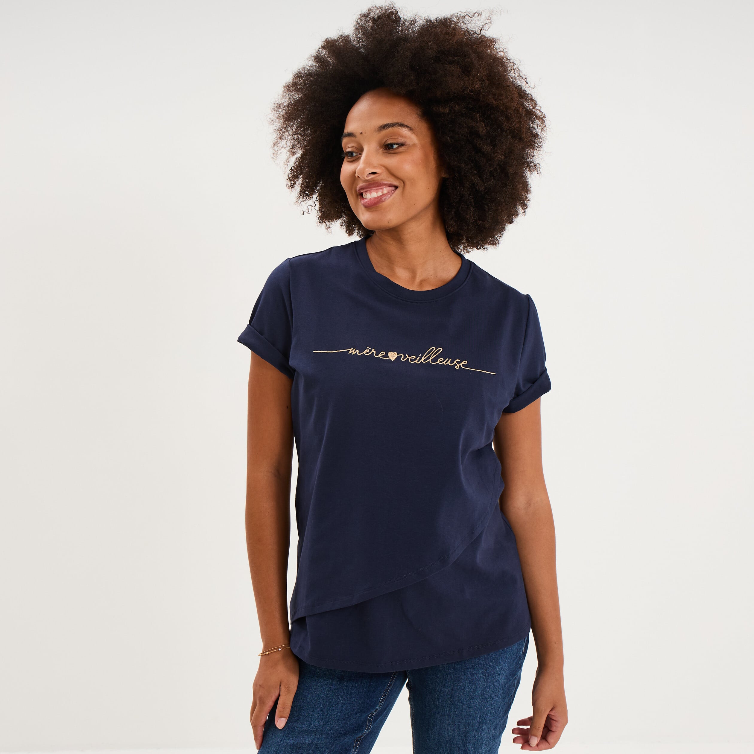 T-shirt manches courtes allaitement bleu marine femme maternit&eacute;
