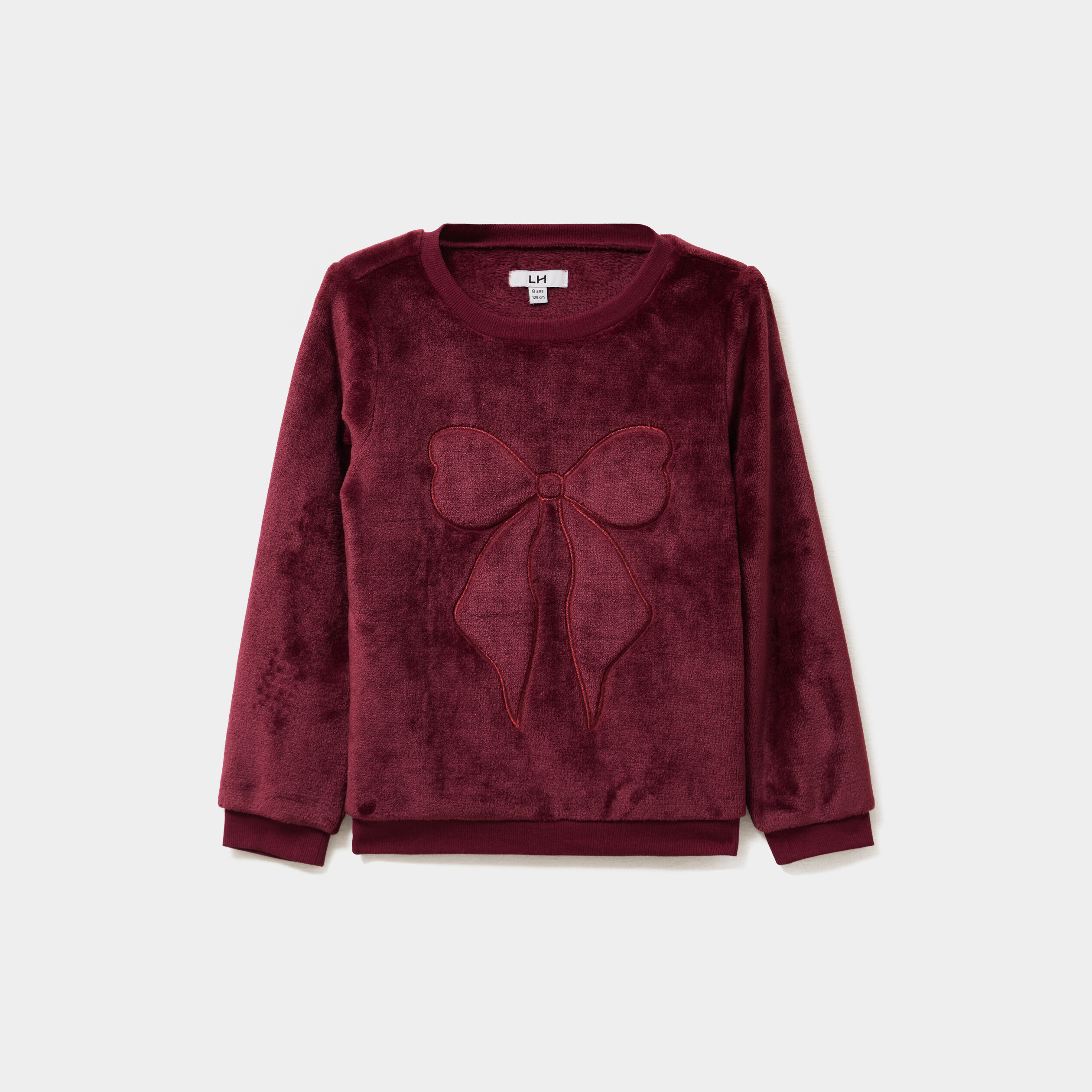 Sweat effet velours d&eacute;tails brod&eacute;s bordeaux fille