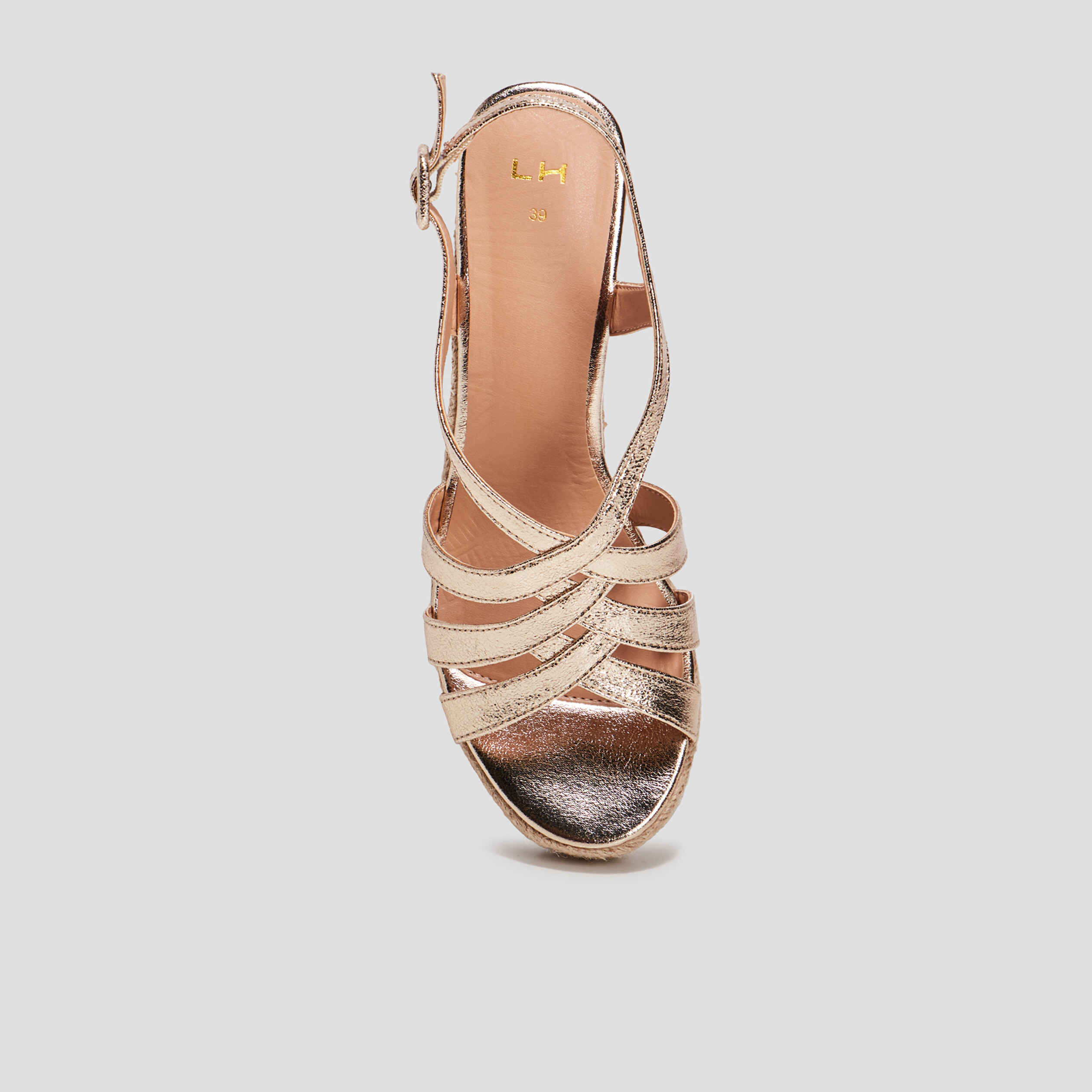 Sandales compens&eacute;es brides crois&eacute;es jaune or femme