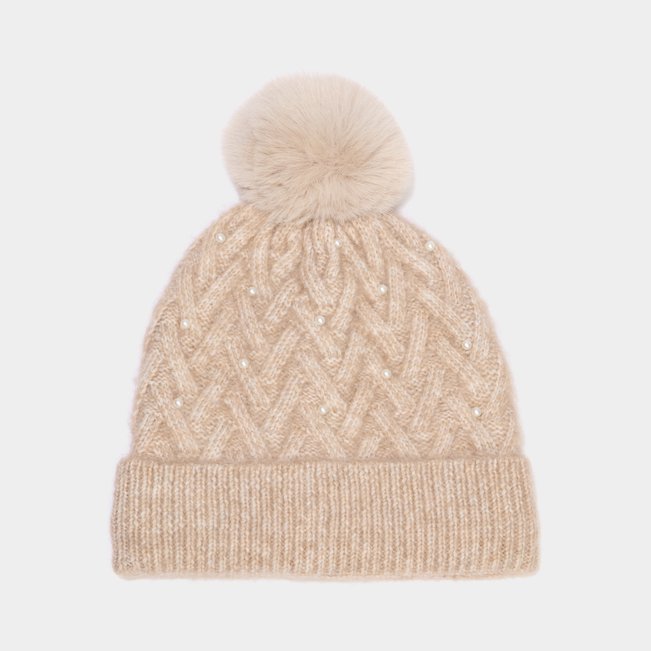 Bonnet tricot &agrave; pompon et perles beige femme