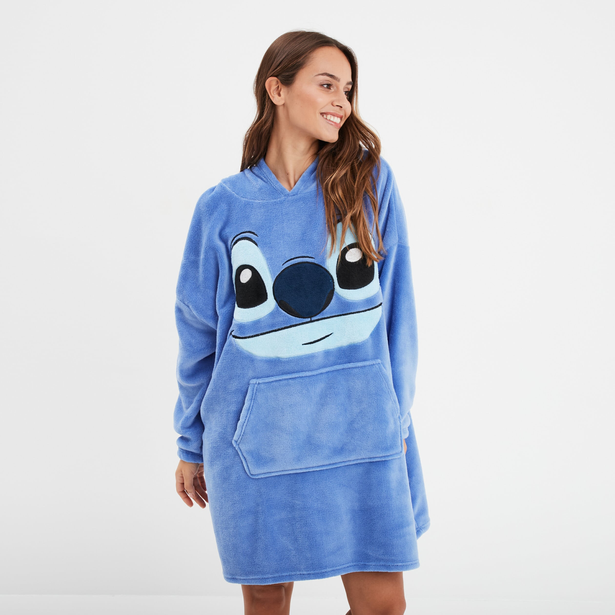 Poncho plaid &agrave; capuche Stitch bleu femme