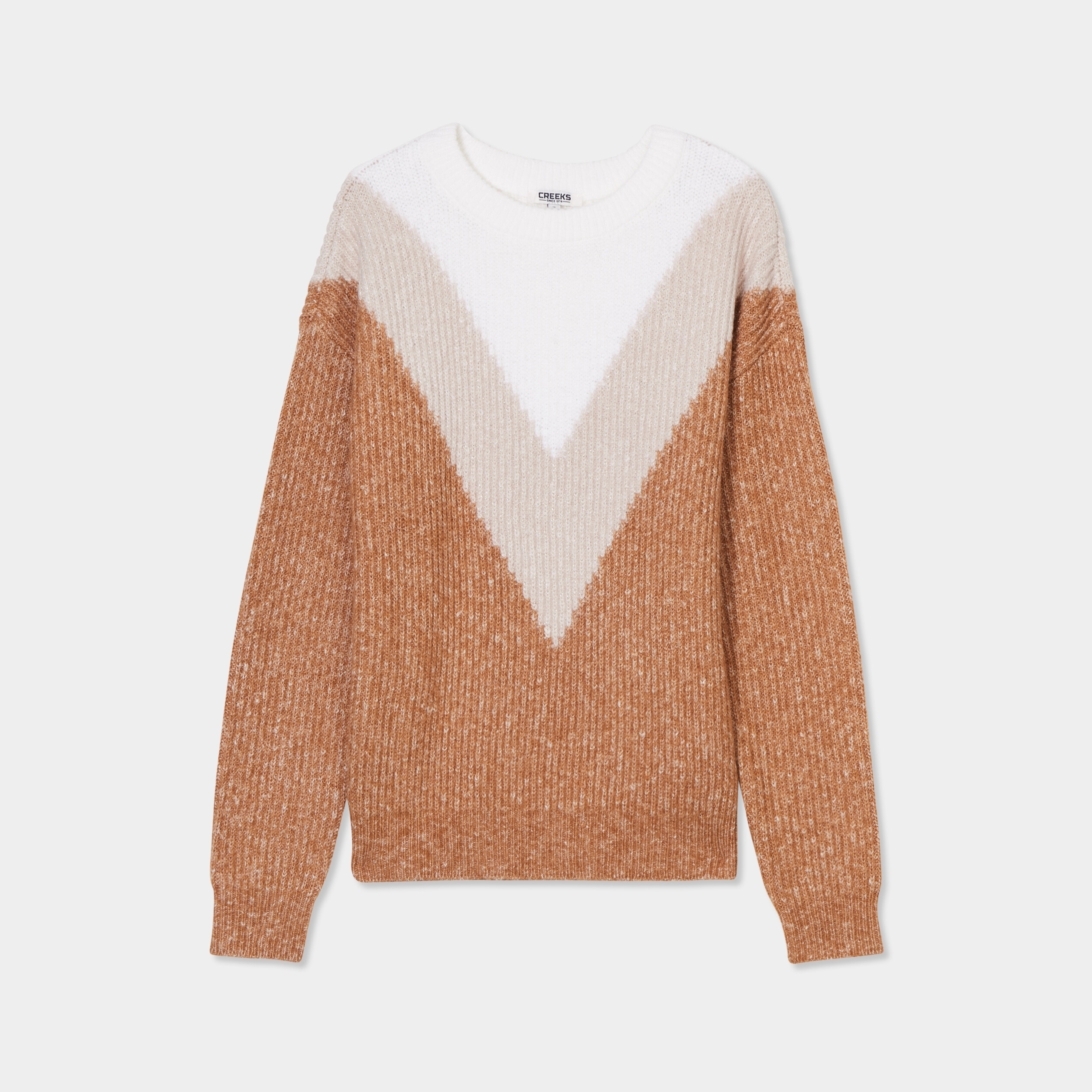 Pull manches longues col rond beige femme
