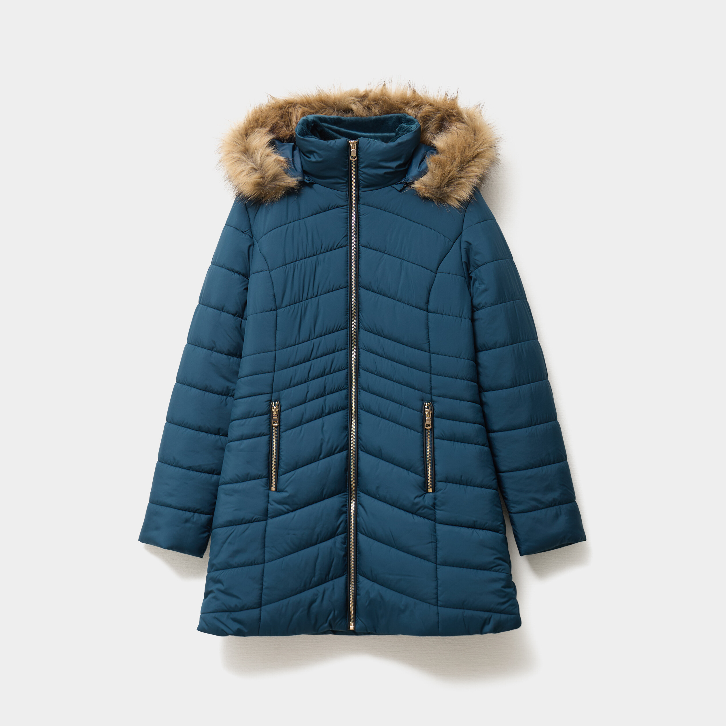 Doudoune mi-longue &agrave; capuche bleu canard femme