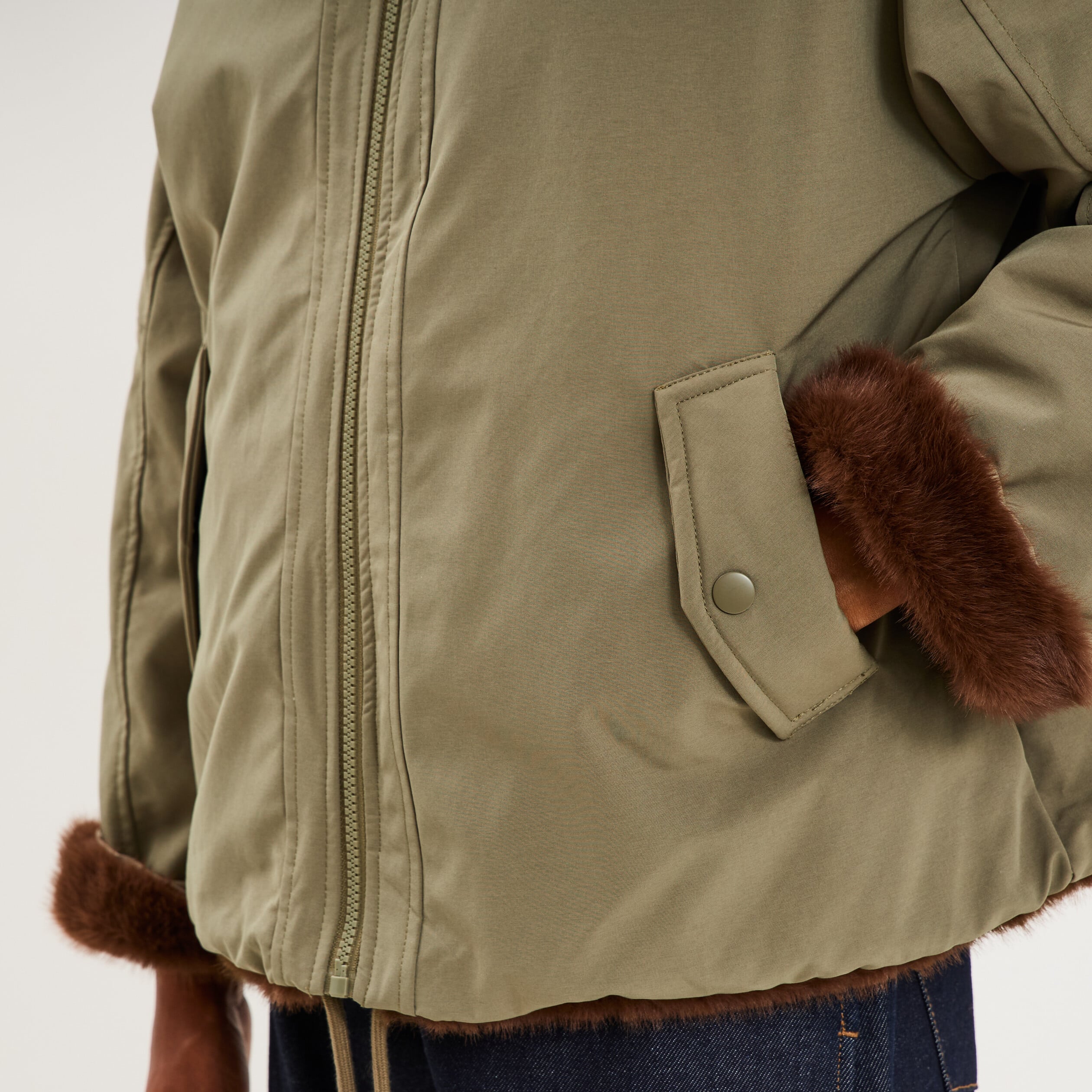 Parka r&eacute;versible capuche fausse fourrure vert kaki femme