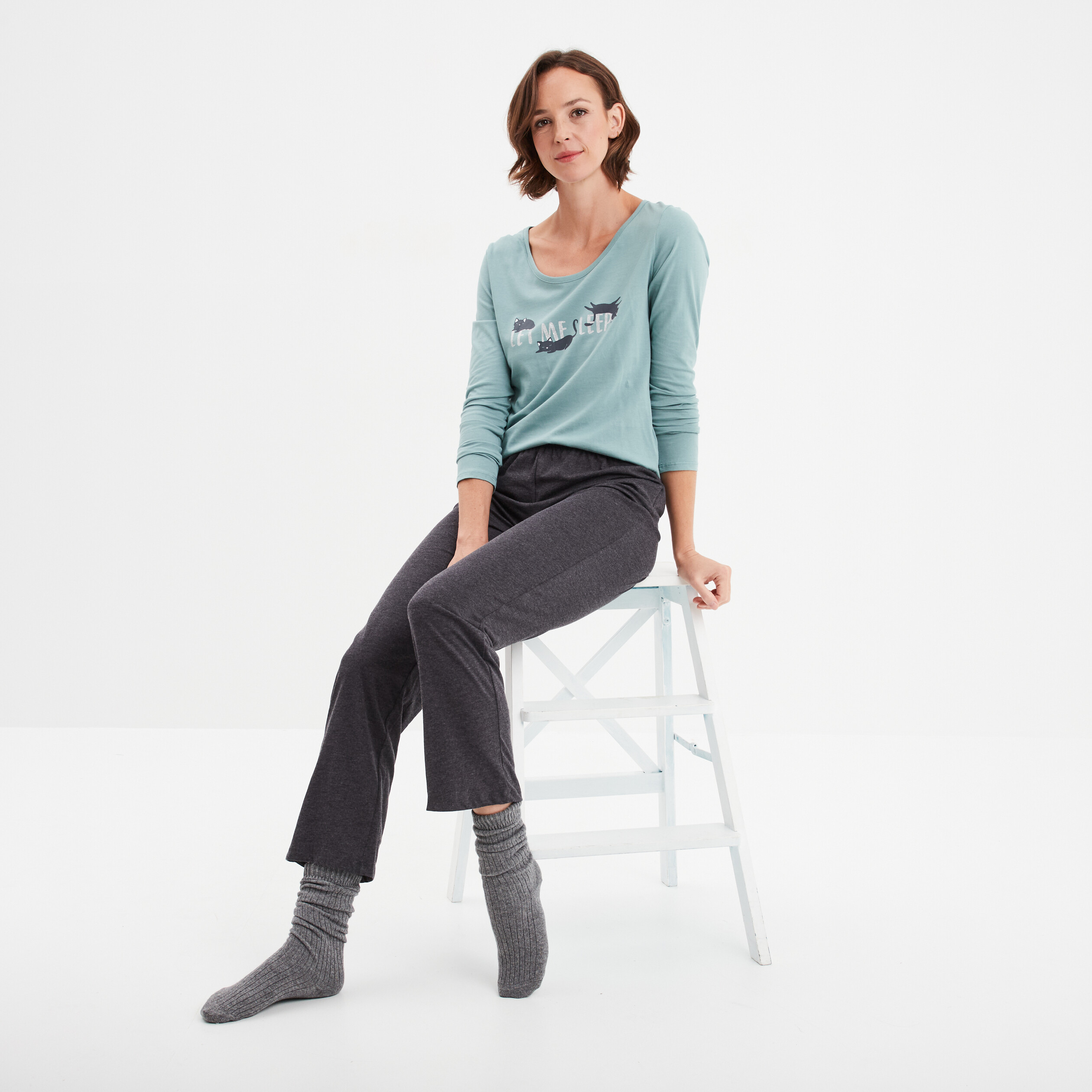 ensemble pyjama pantalon 2 pieces coton bleu gris femme Ensemble pyjama pantalon 2 pièces coton bleu gris femme
