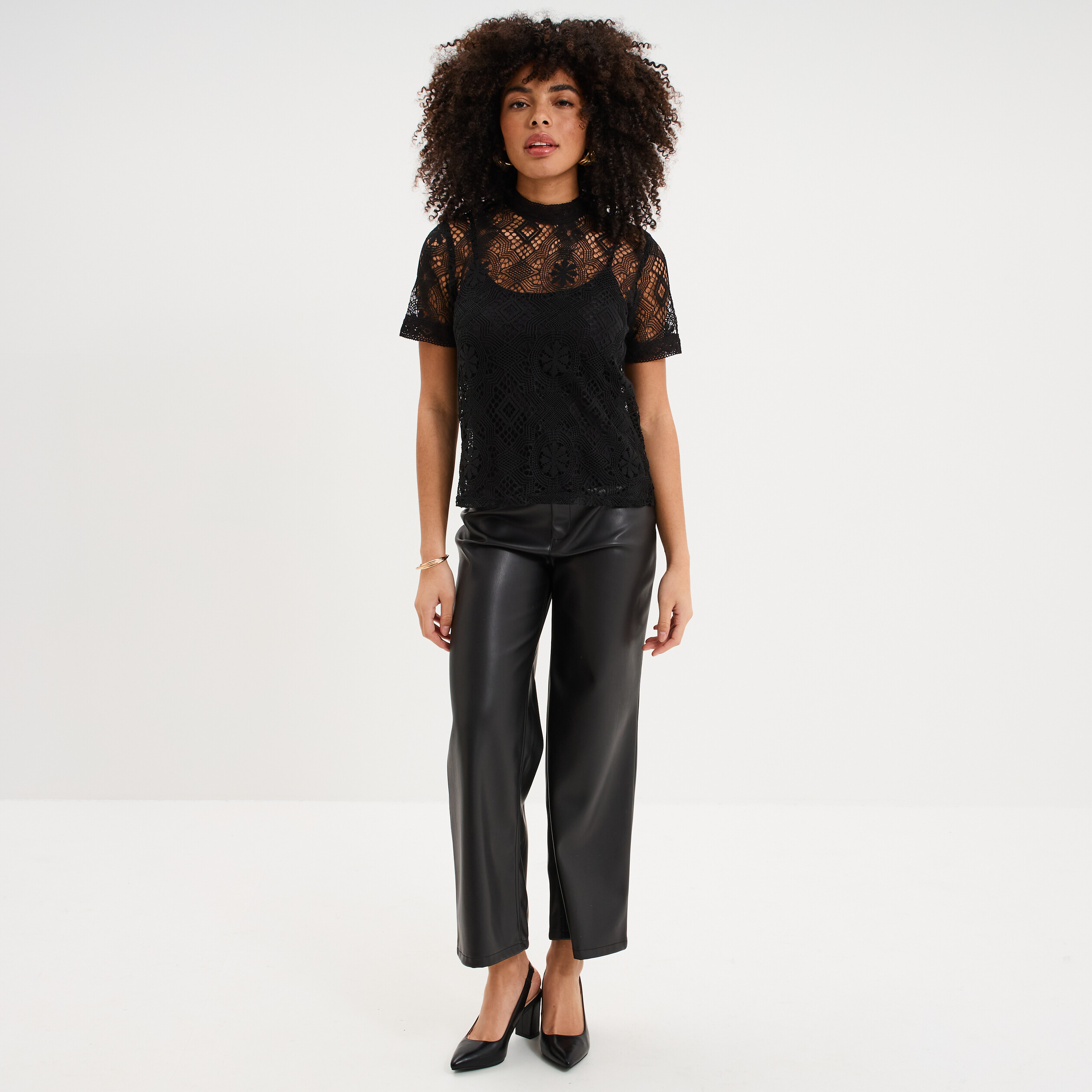 T-shirt dentelle manches courtes noir femme