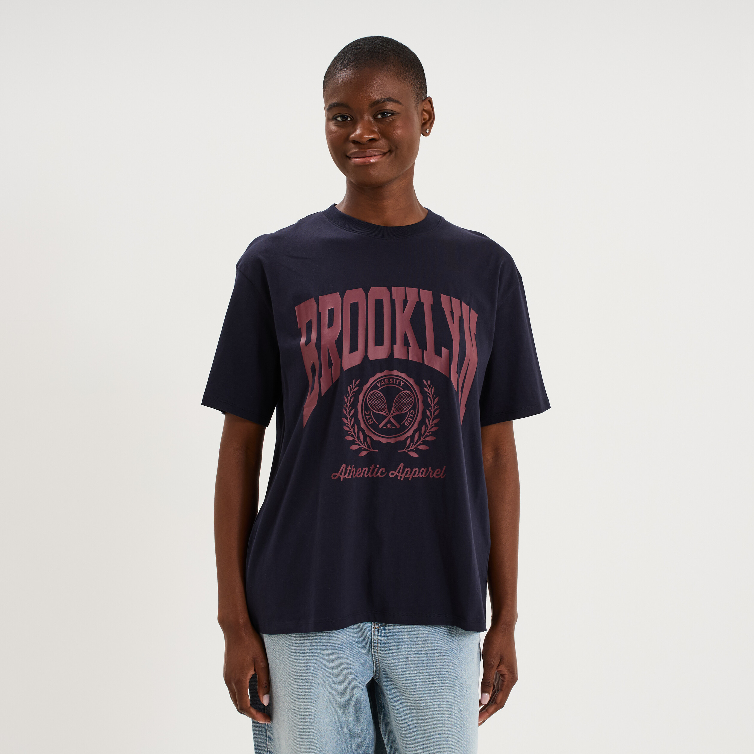 T-shirt oversize manches courtes coton bleu fonc&eacute; femme