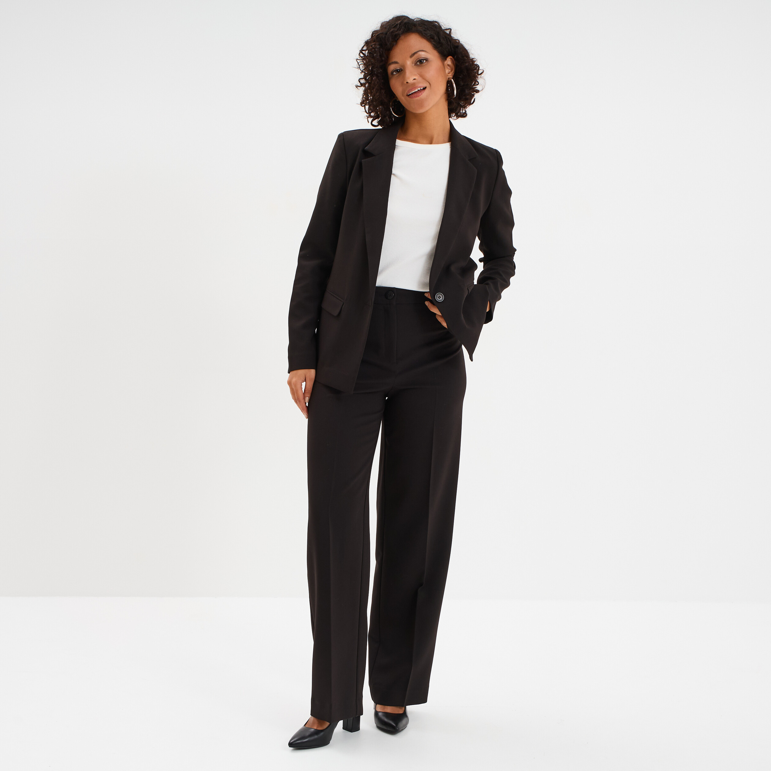 Pantalon taille haute droit avec pinces noir femme
