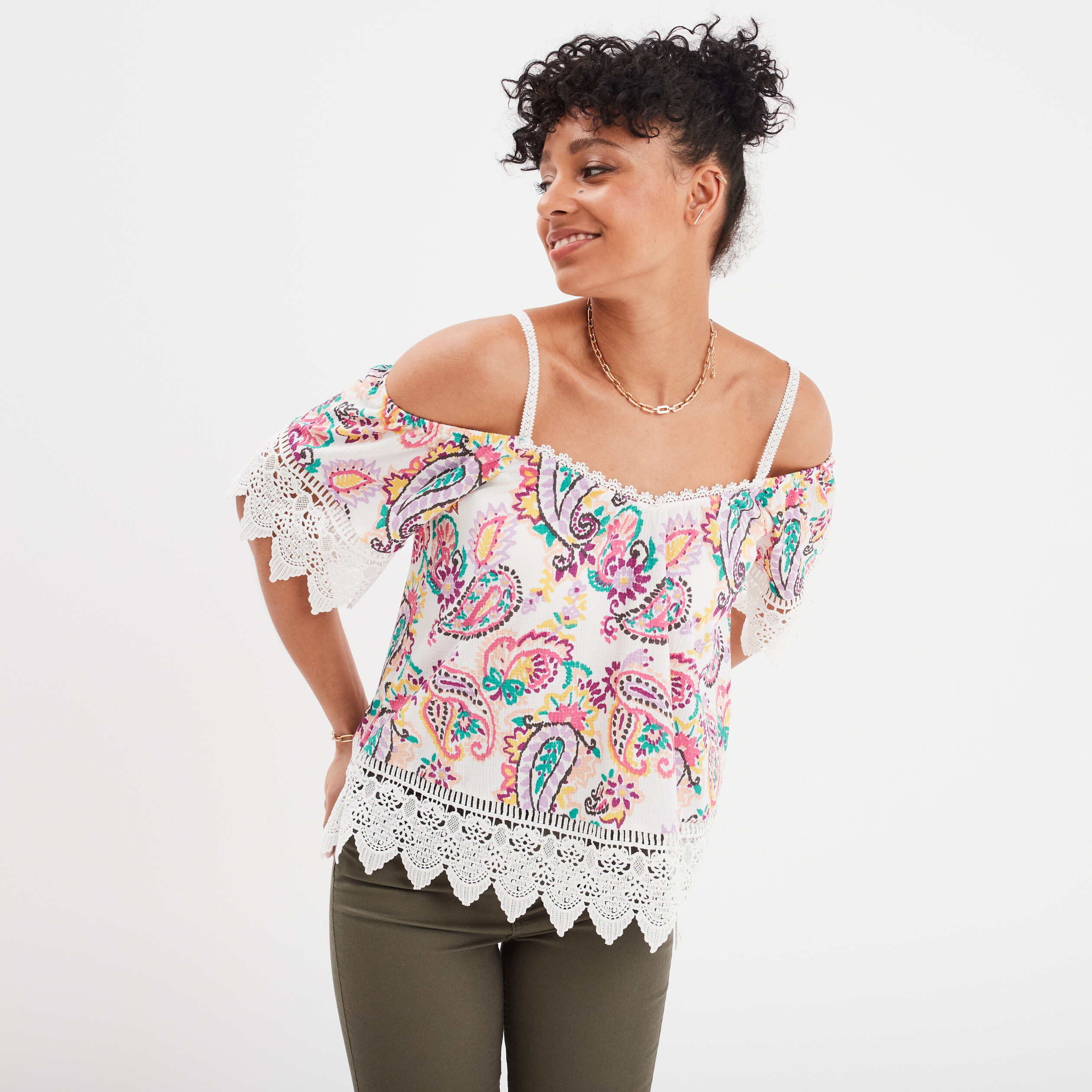 t shirt col bardot et macrame mosquitos ecru femme T-shirt col bardot et macramé Mosquitos ecru femme