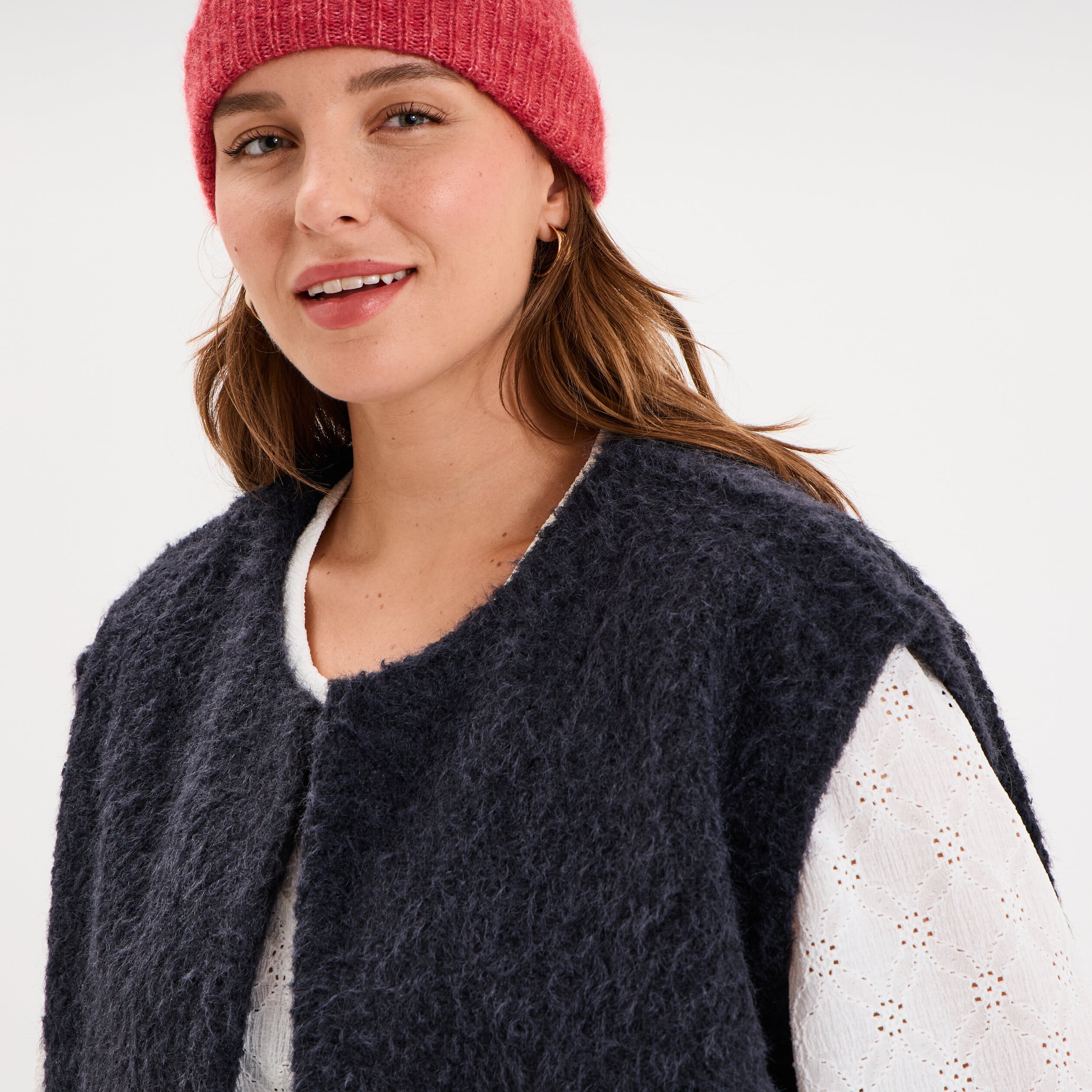 Veste droite sans manches bouclette bleu marine femme grande taille
