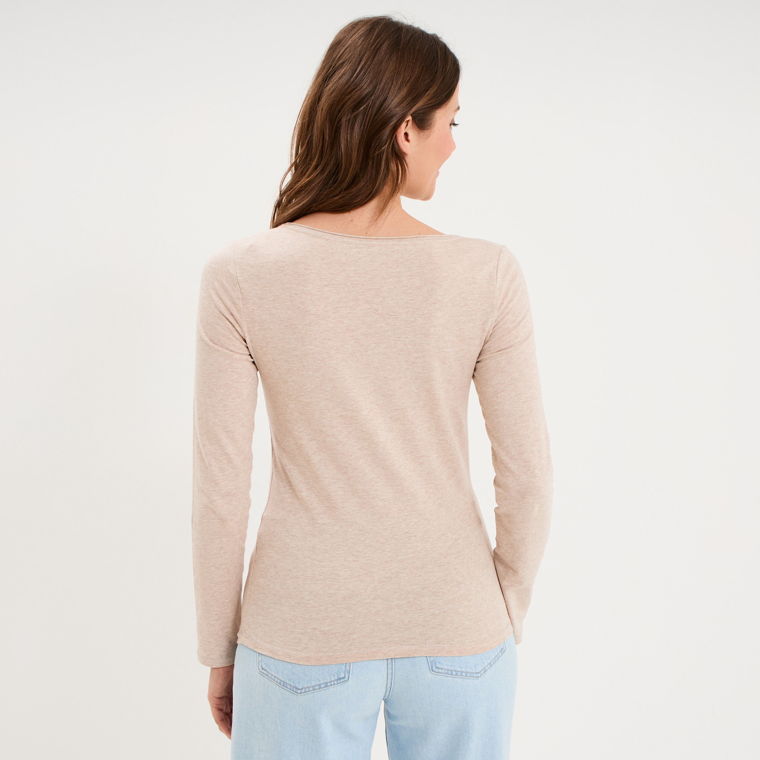 T-shirt manches longues col en V coton beige femme