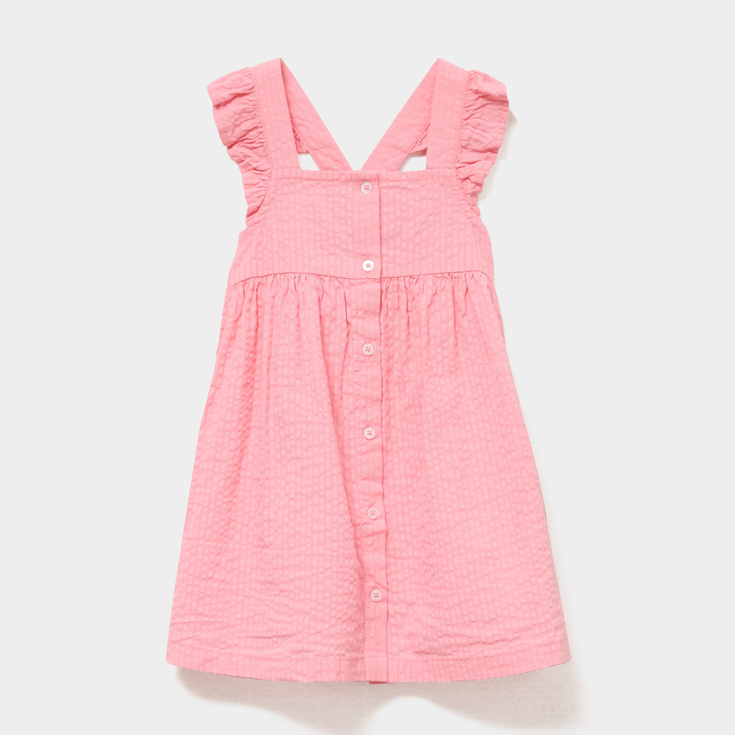Robe bretelles &agrave; volants coton rose b&eacute;b&eacute; fille