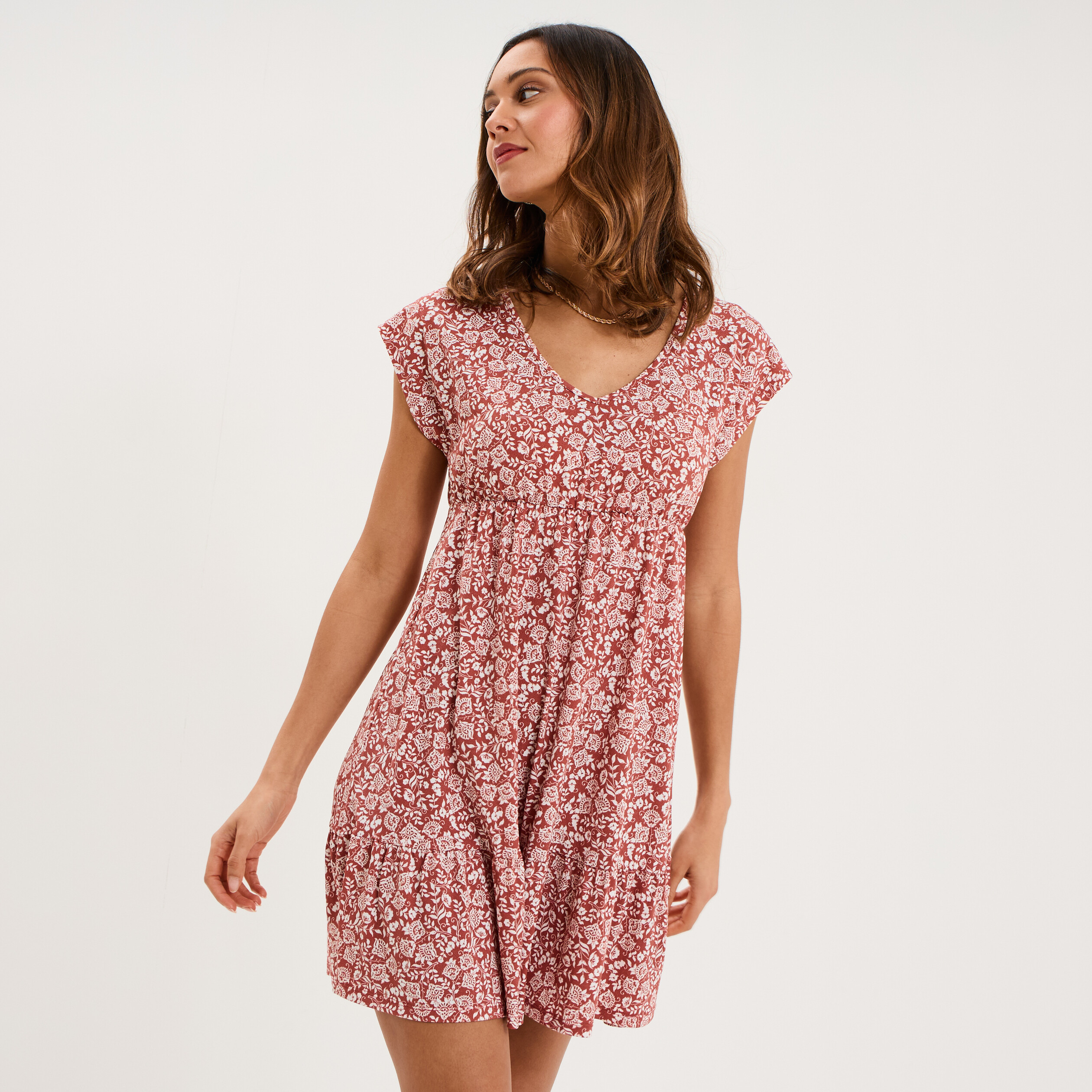 Robe patineuse manches courtes terracotta femme