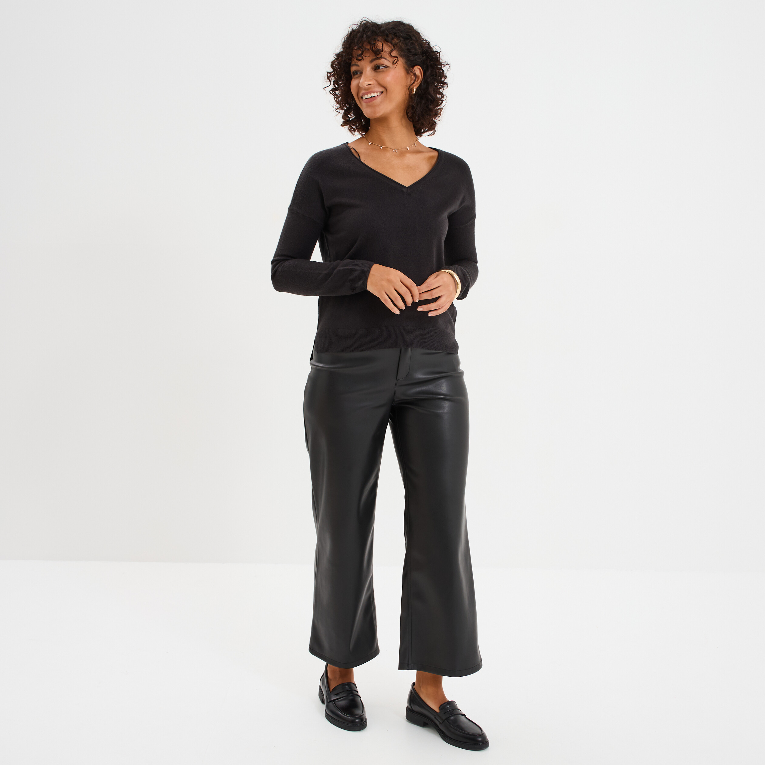 pantalon simili cuir 78eme large noir femme Pantalon simili cuir 7/8ème large noir femme