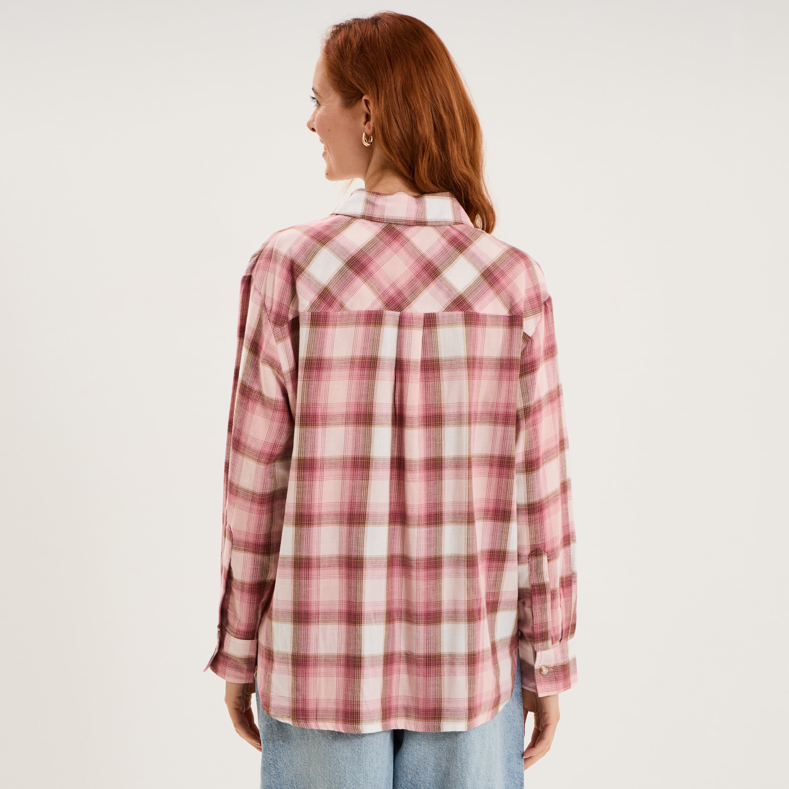 Chemise manches longues coton rose poudr&eacute;e femme