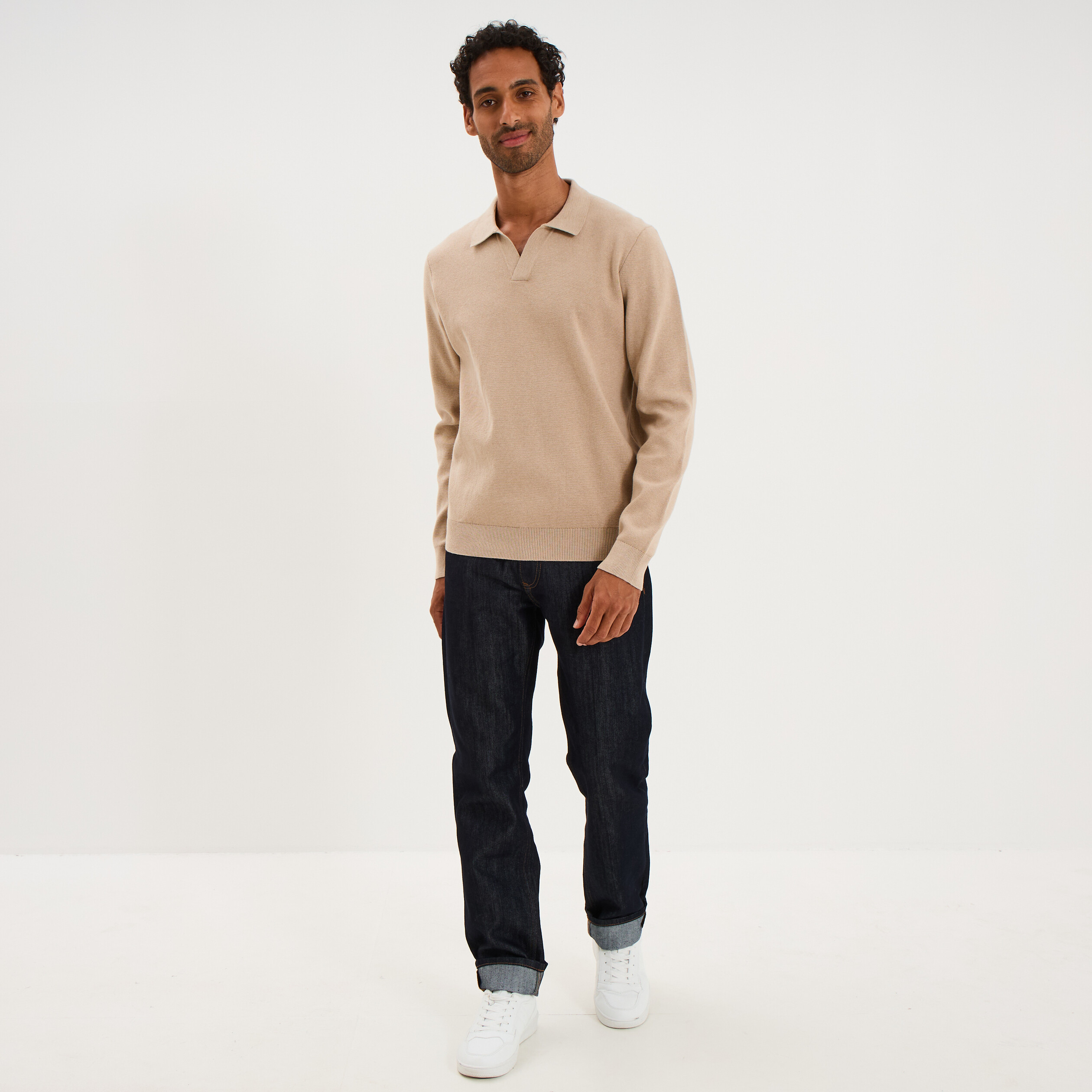 Pull col polo manches longues beige homme