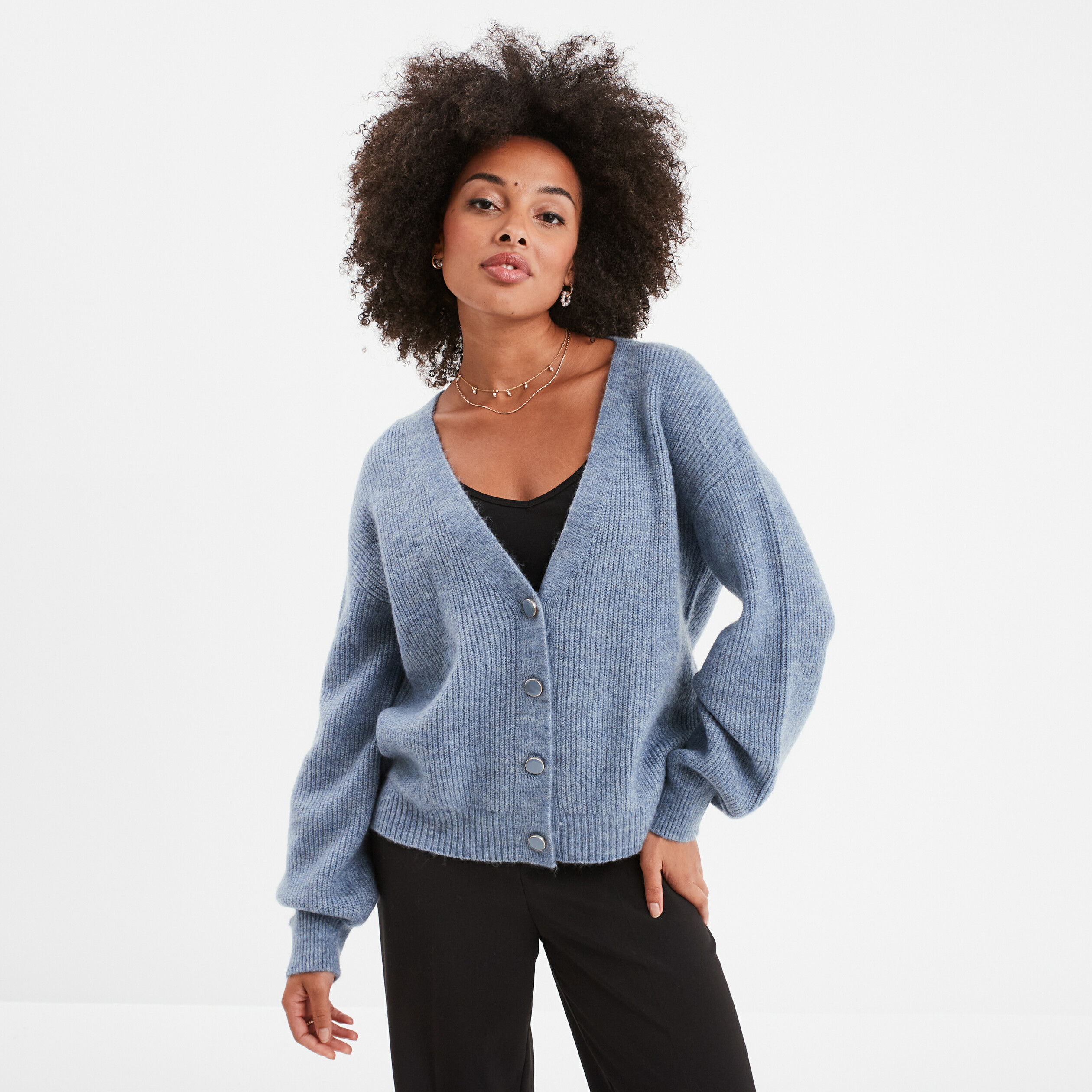 gilet boutonne col en v bleu gris femme Gilet boutonné col en V bleu gris femme